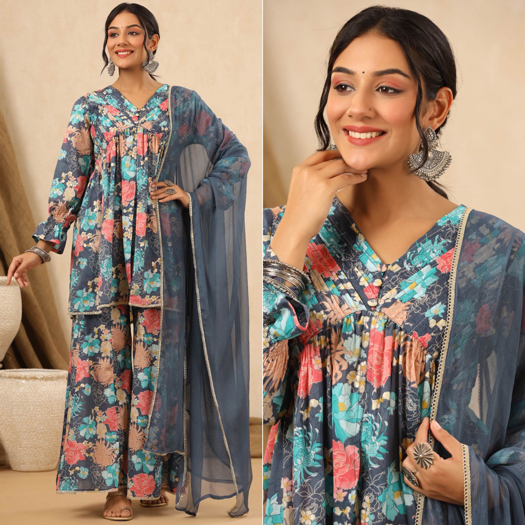 Grey Floral Printed Muslin Sharara Suit