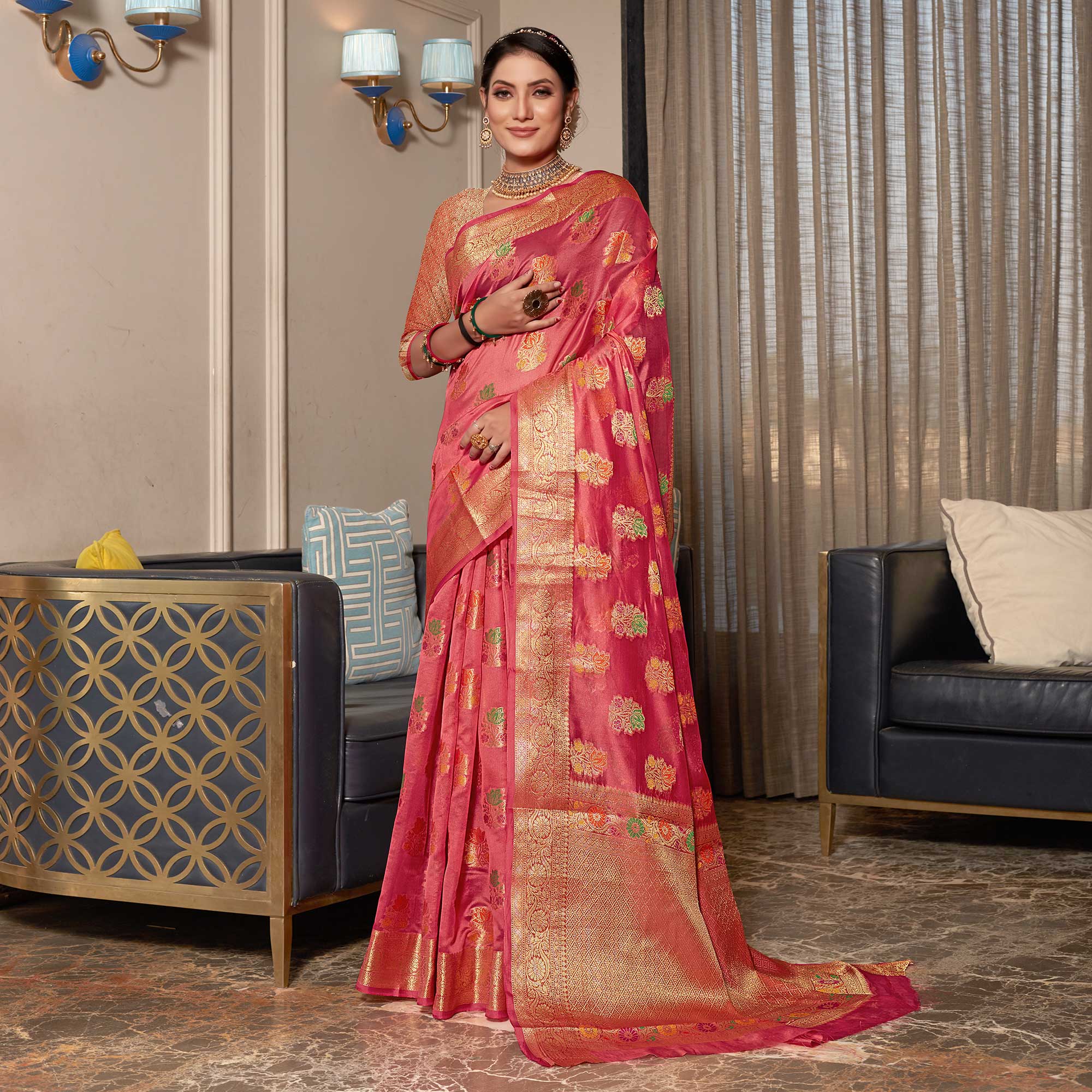 Pink Floral Woven Organza Saree