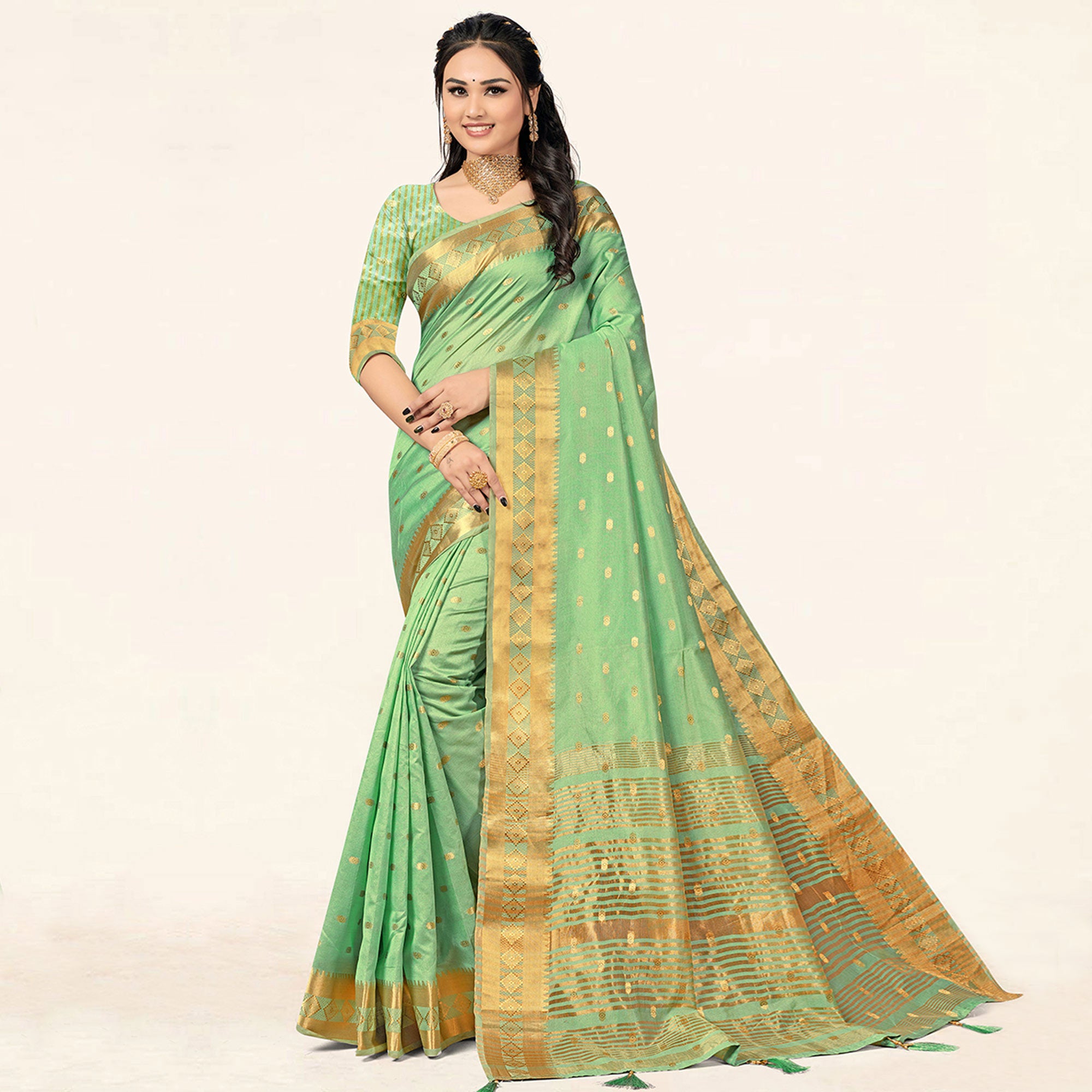 Pista Green Woven Assam Silk Saree With Tassels