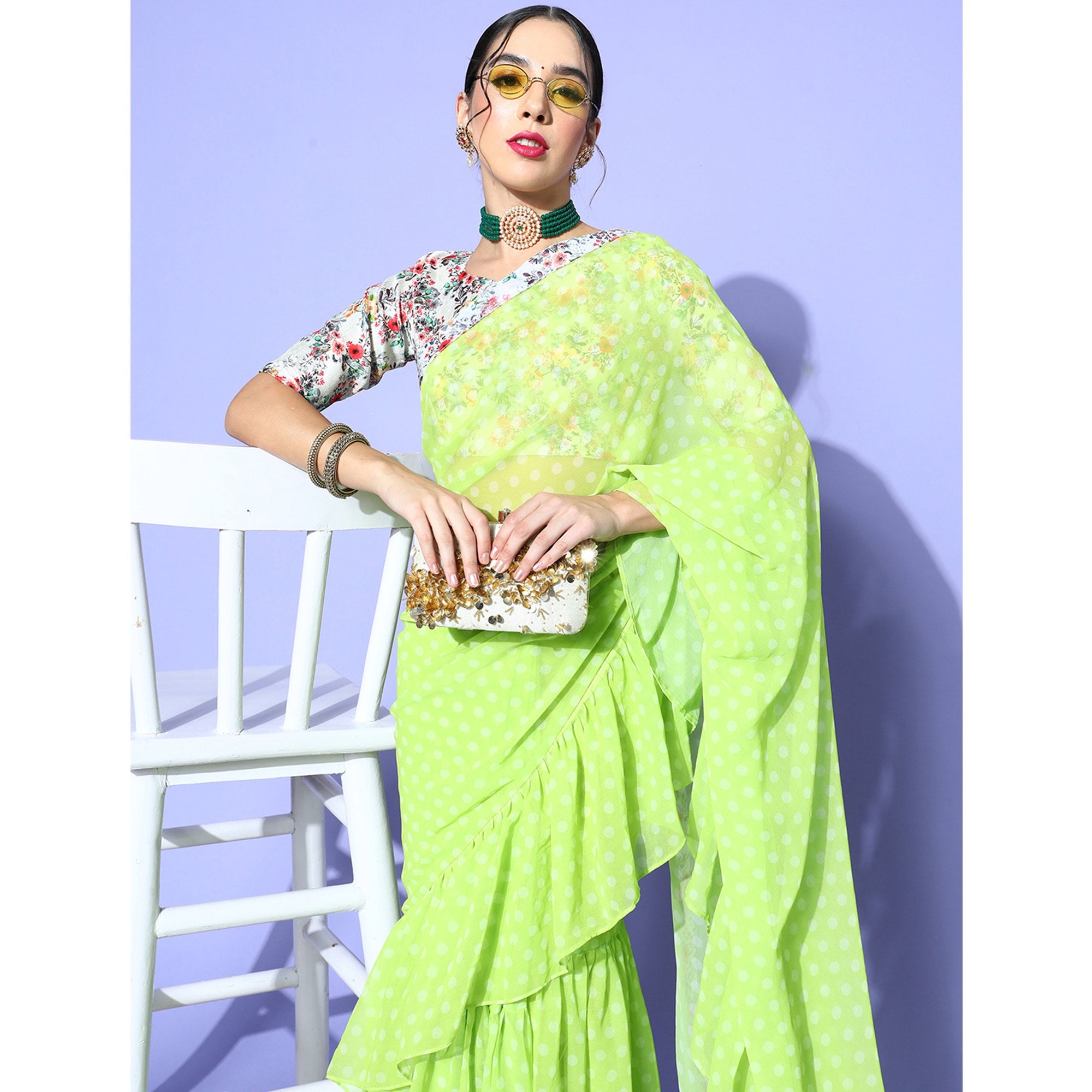 Green Printed Georgette Saree