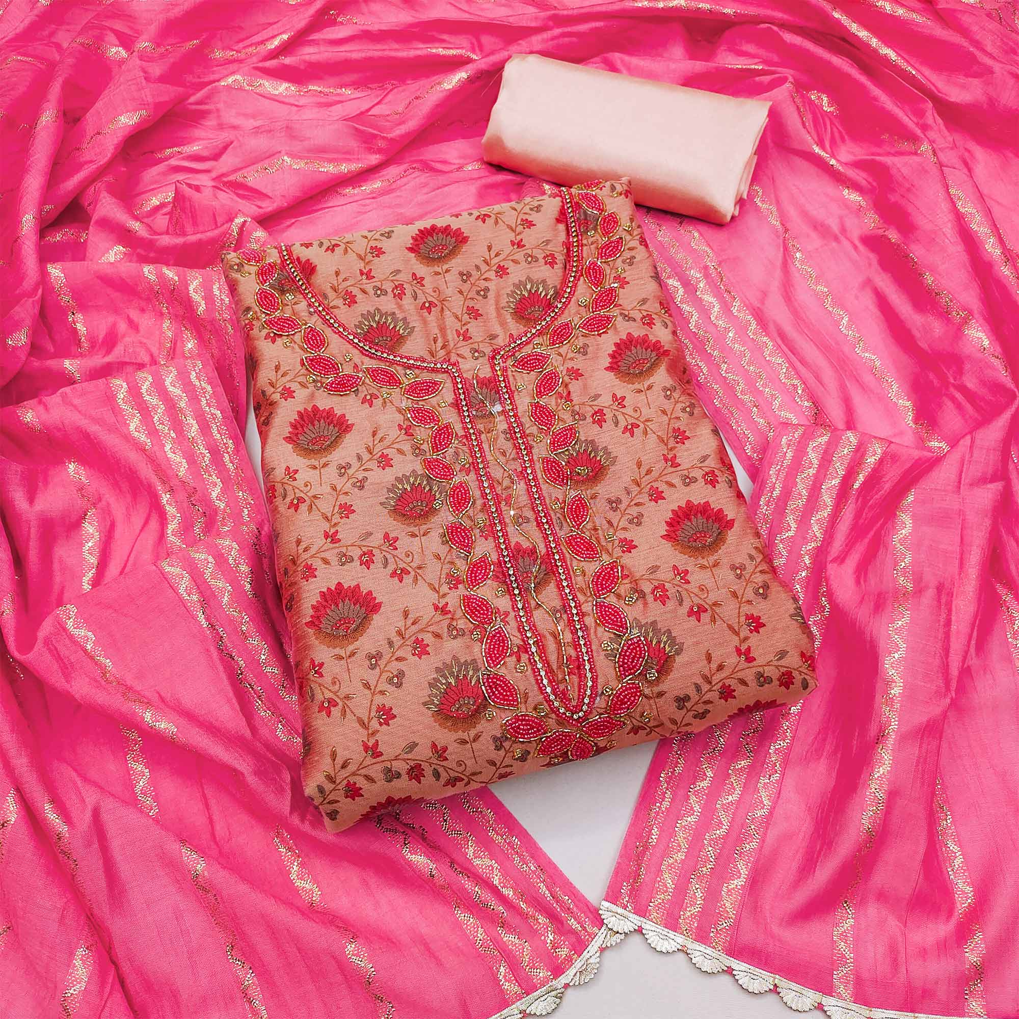 Peach Printed With Handwork Modal Dress Material