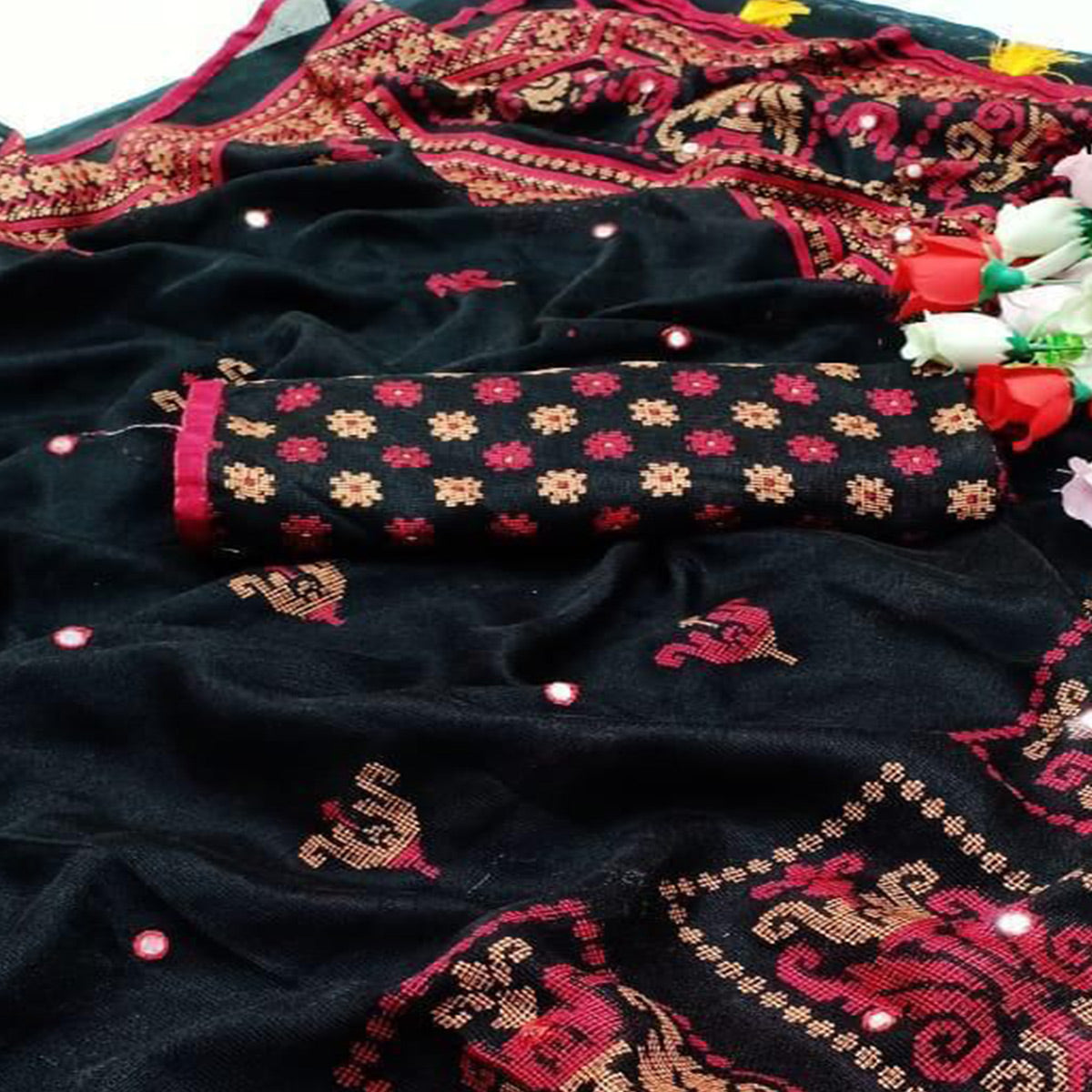 Black Printed With Mirror Work Jute Saree