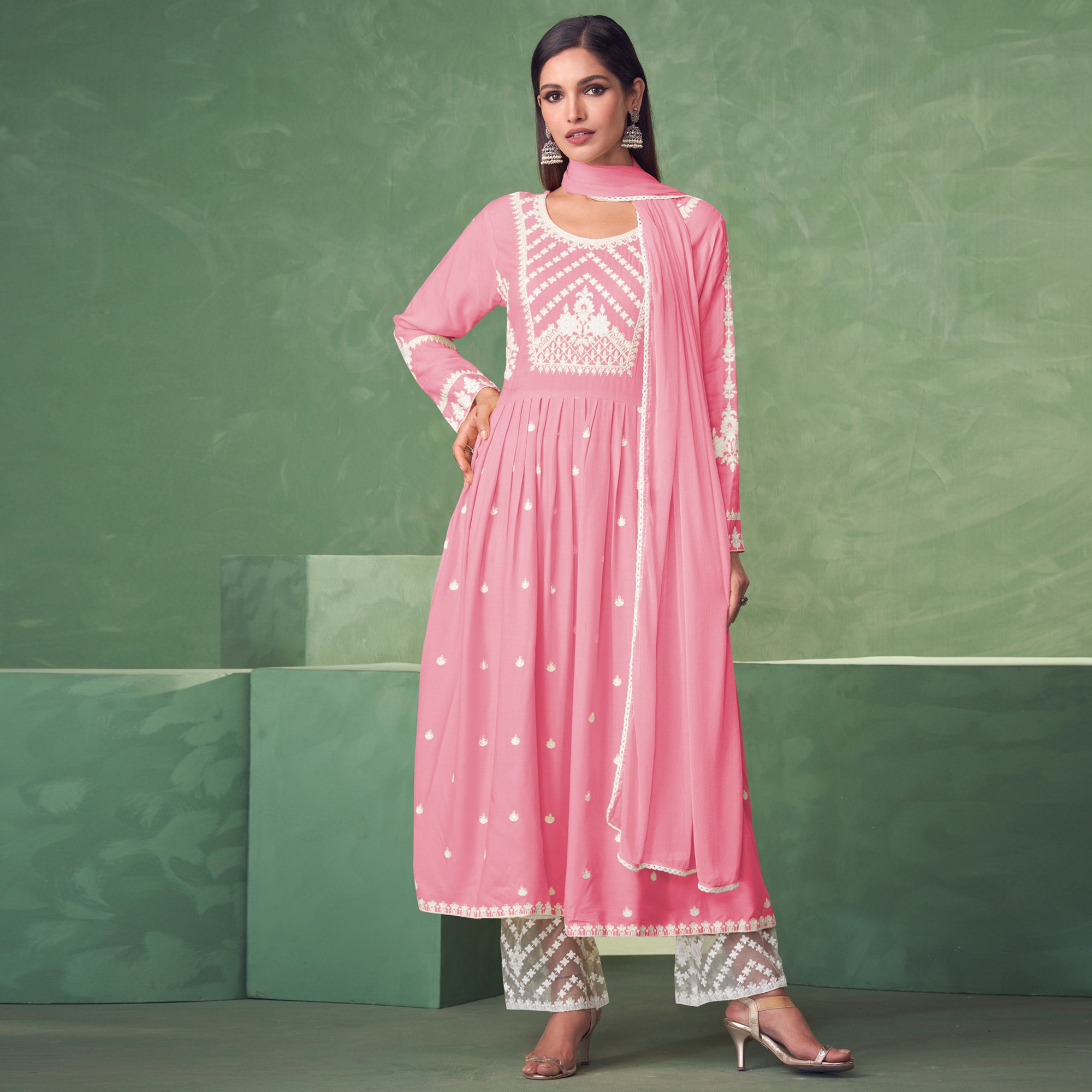 Pink Lucknowi Work Rayon Naira Cut Palazzo Suit