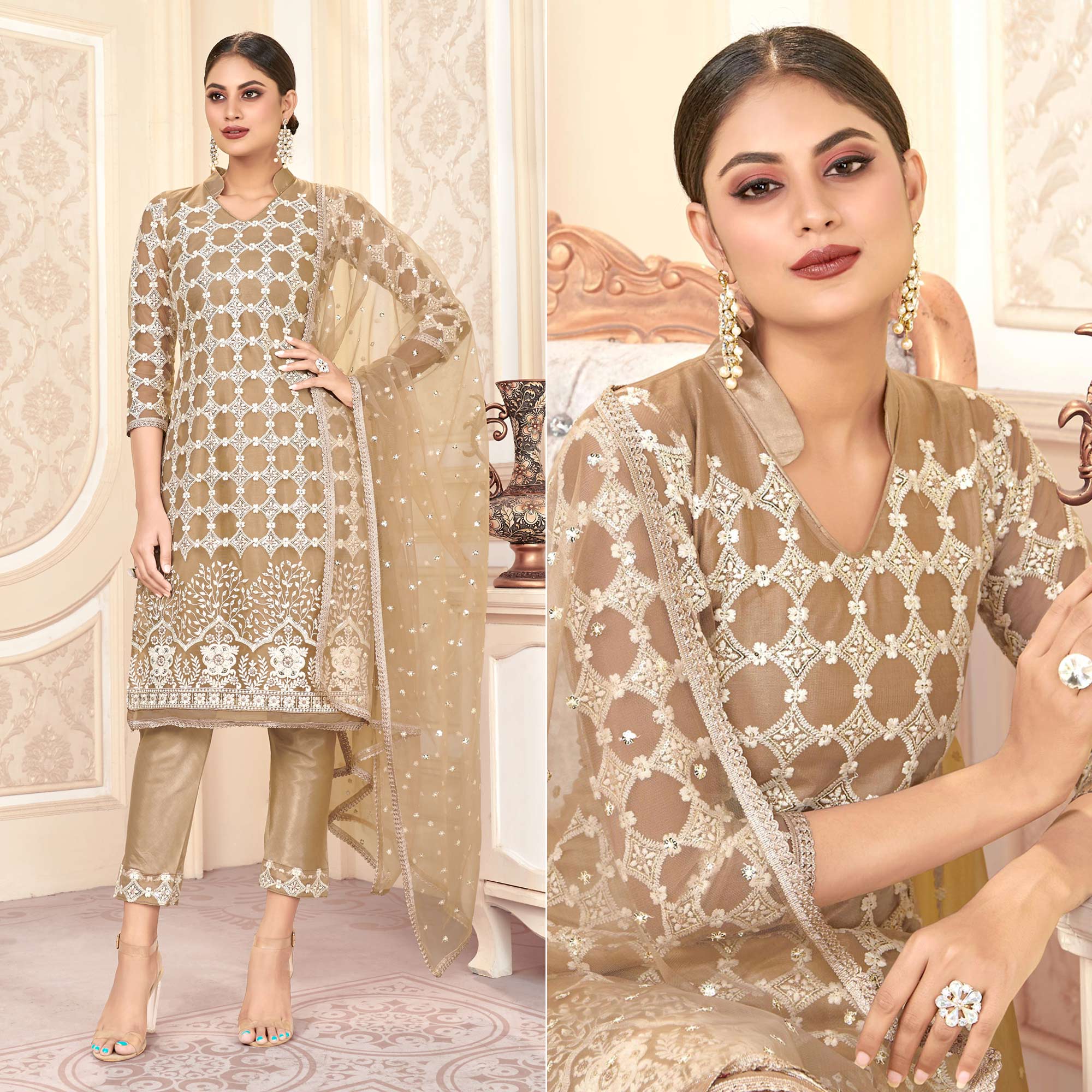 Brown Sequins Embroidered Net Semi Stitched Suit