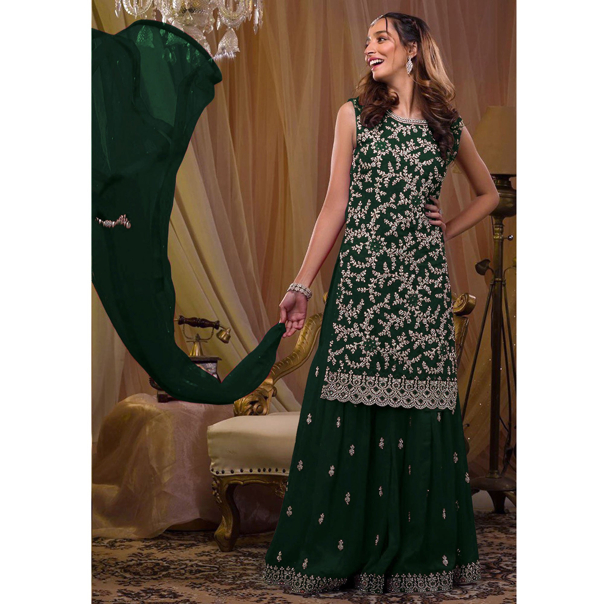 Dark Green Floral Embroidered Georgette Semi Stitched Sharara Suit