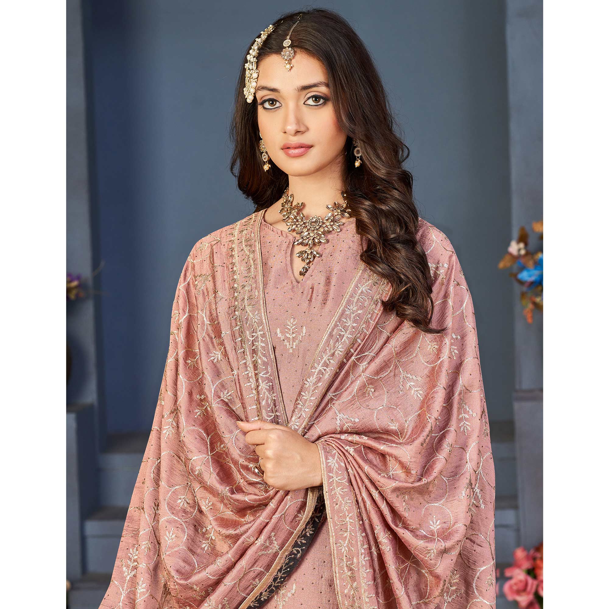 Peach Sequins Embroidered Dola Silk Suit