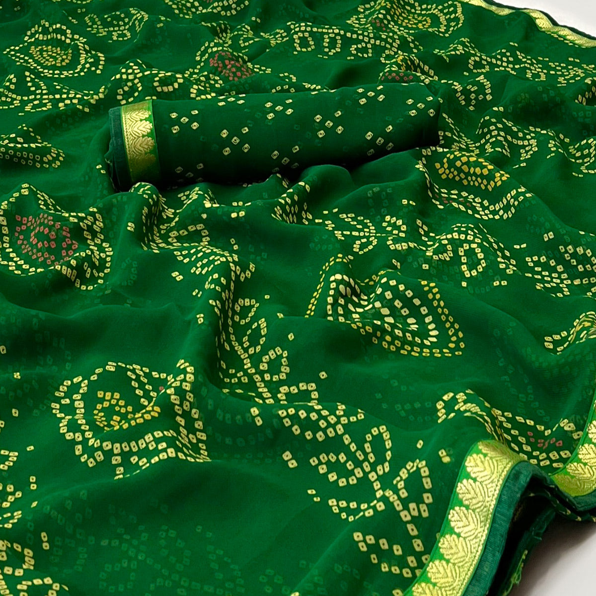 Green Bandhani Printed Georgette Saree With Designer Border