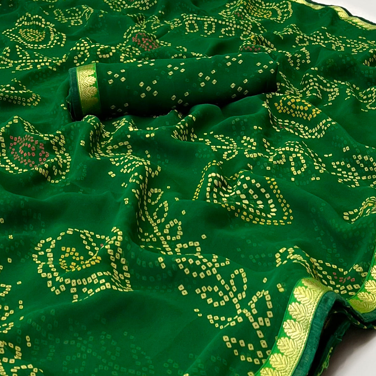 Green Bandhani Printed Georgette Saree With Designer Border