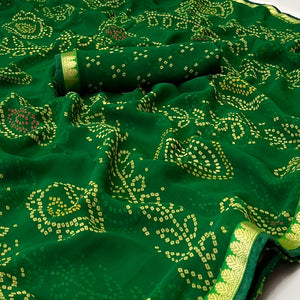 Green Bandhani Printed Georgette Saree With Designer Border
