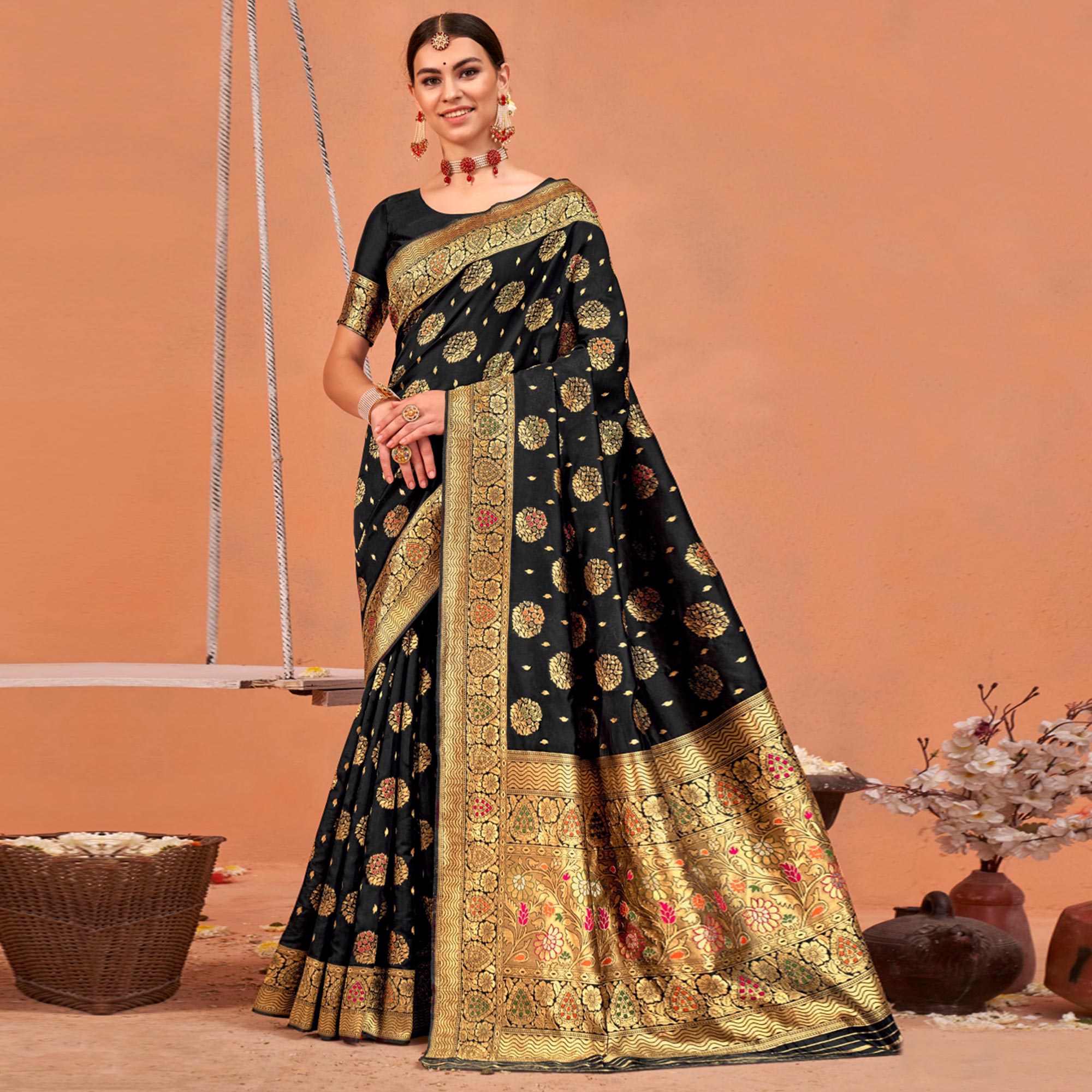 Black Floral Woven Art Silk Saree