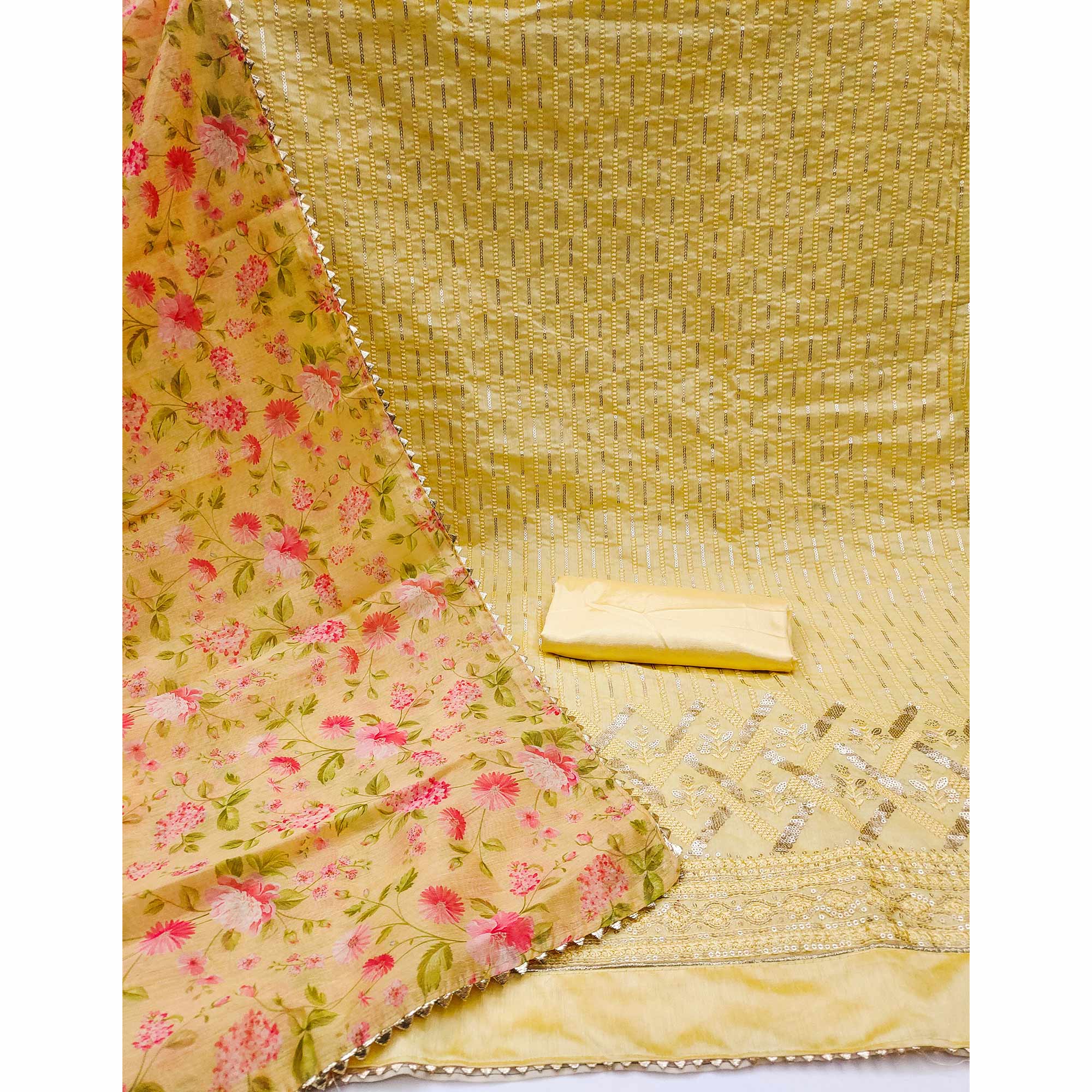 Yellow Sequins Embroidered Chanderi Dress Material