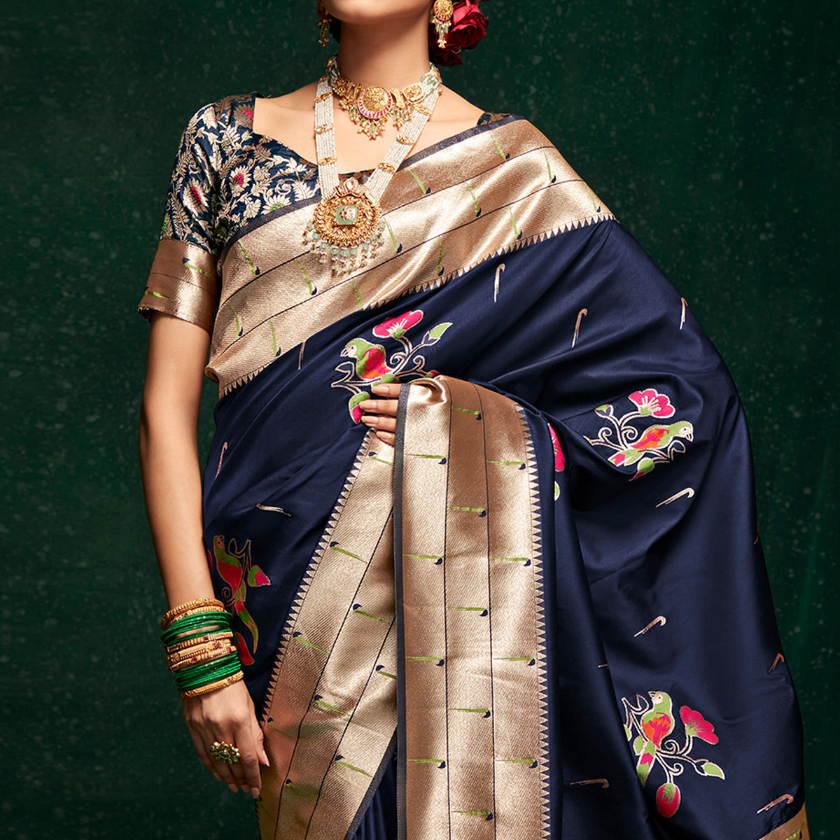 Navy Blue Woven Pure Silk Paithani Saree With Tassels