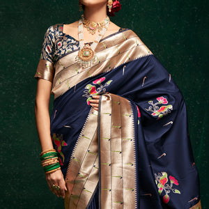 Navy Blue Woven Pure Silk Paithani Saree With Tassels