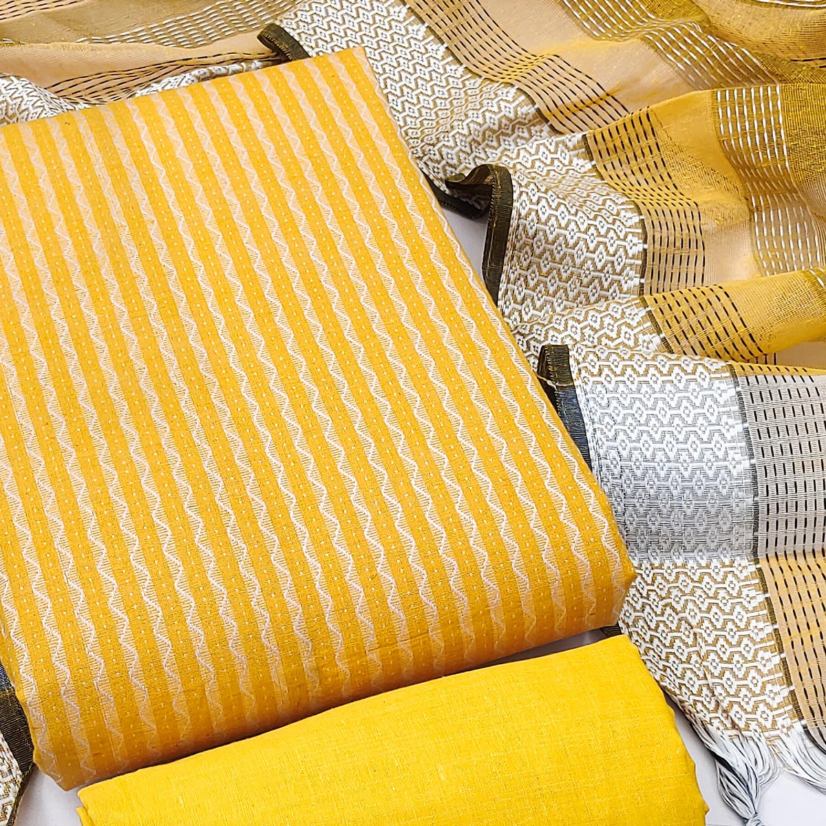 Yellow Woven Cotton Blend Dress Material