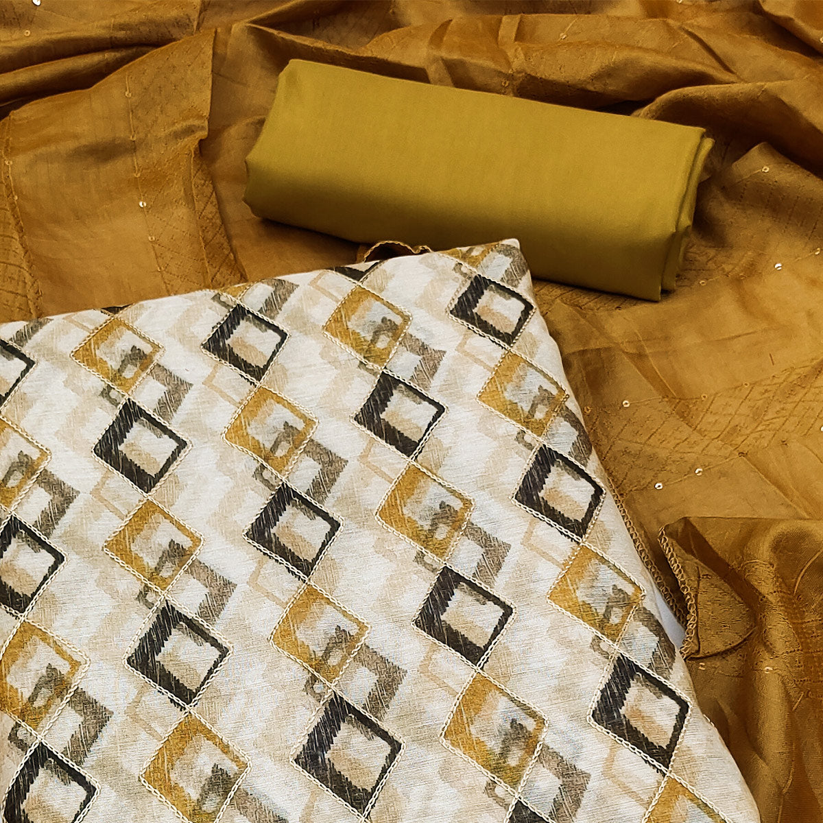 Cream Digital Printed With Embroidered Chanderi Dress Material