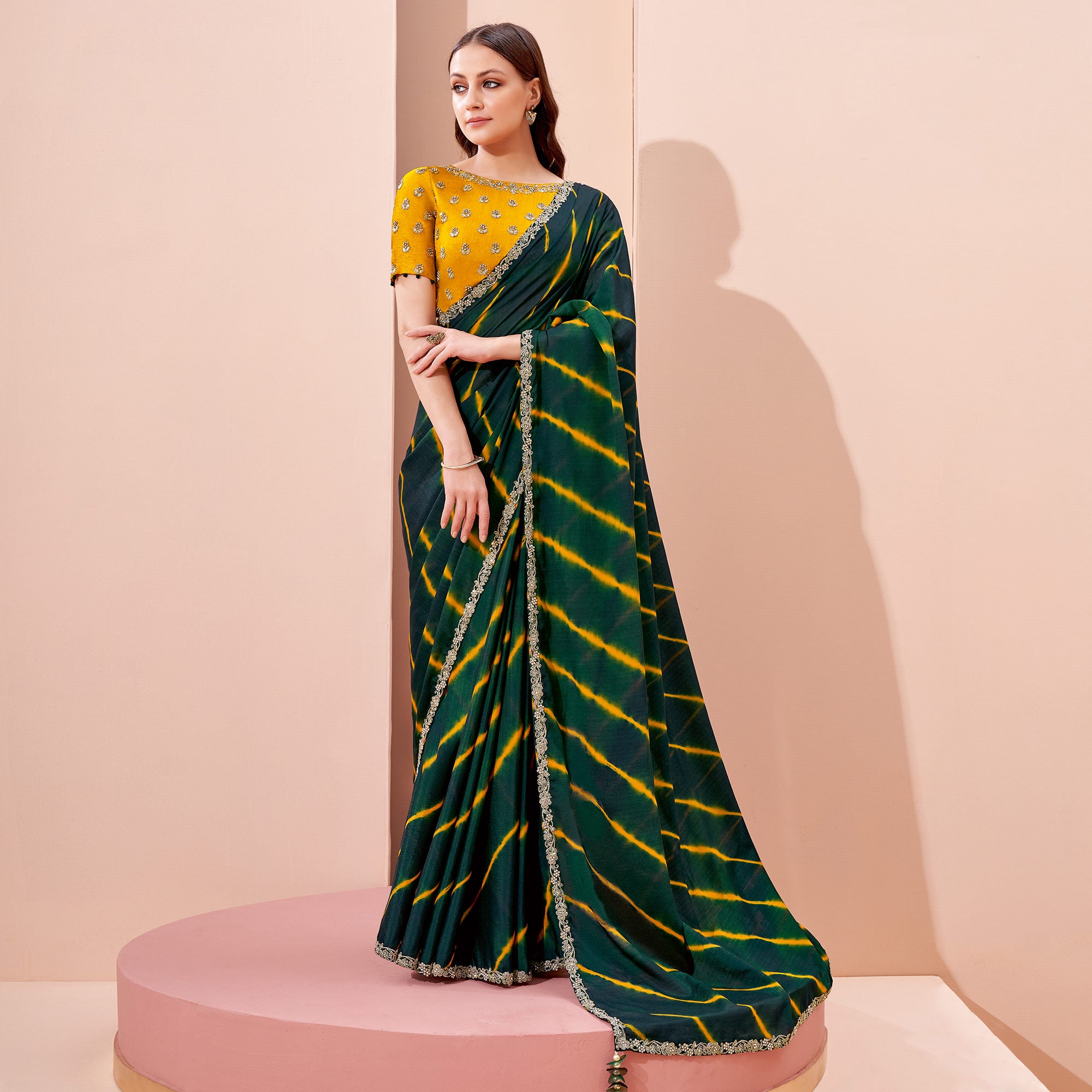 Bottle Green Printed With Embroidered Georgette Saree