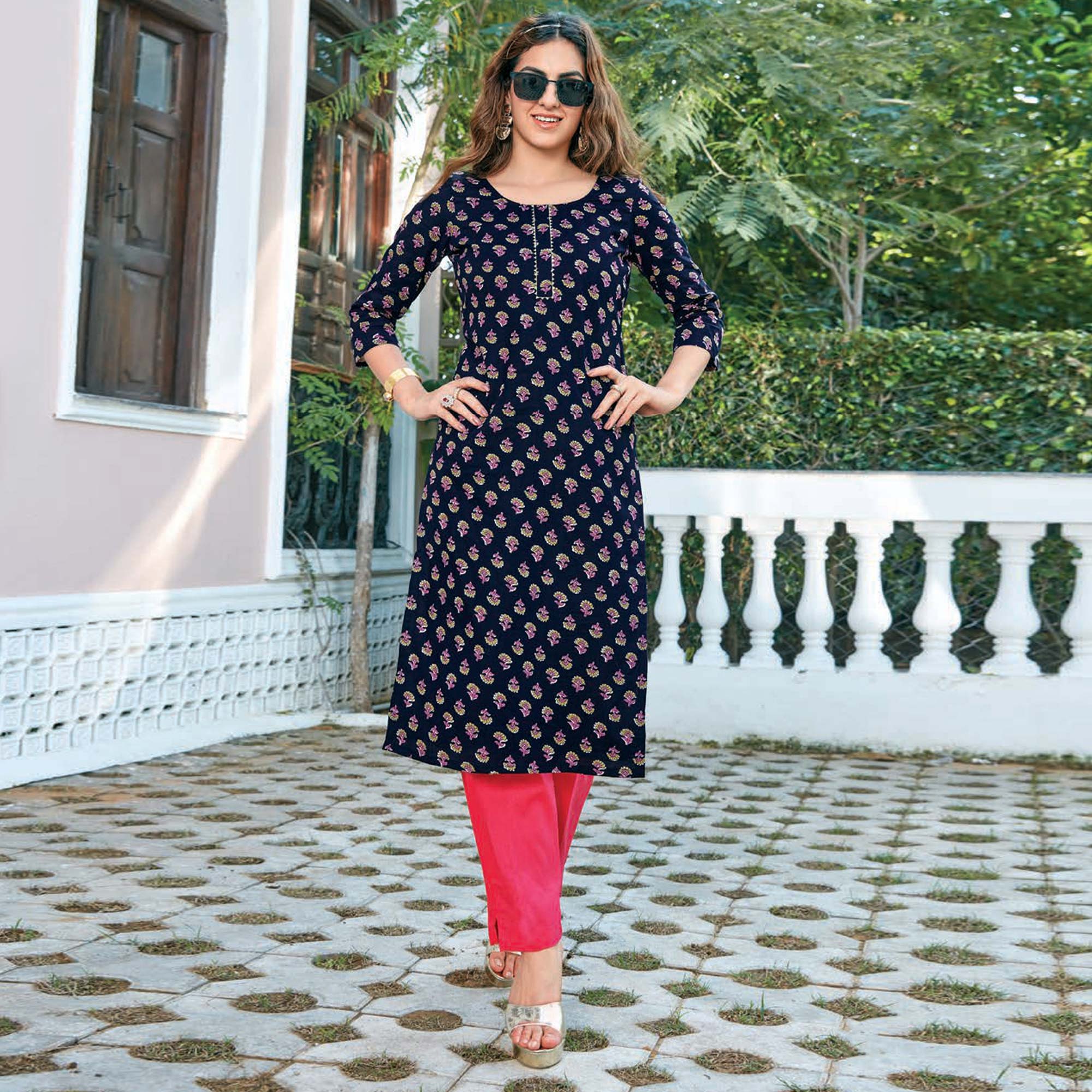 Navy Blue Floral Printed Cotton Blend Kurti