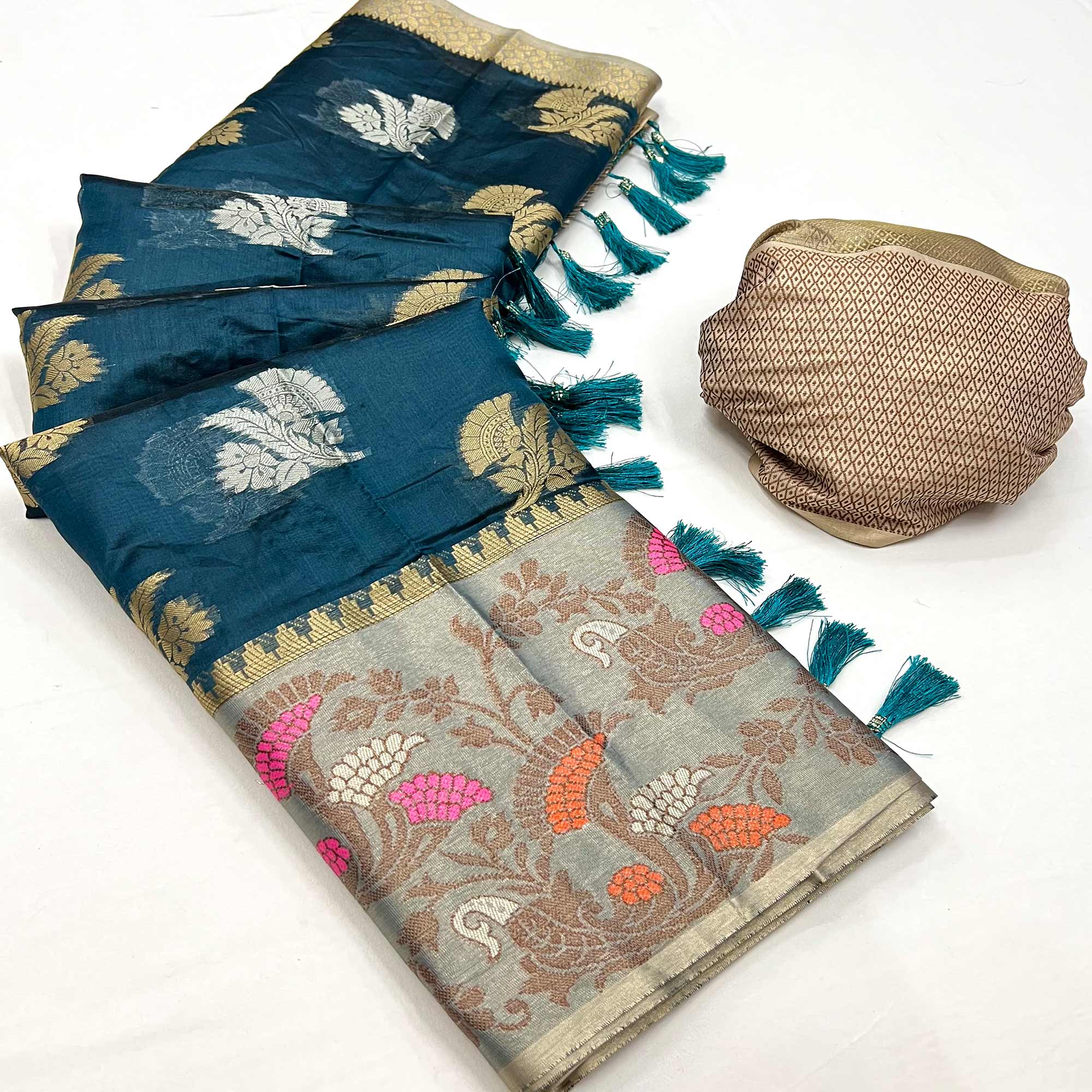Teal Blue Floral Woven Organza Saree With Tassels