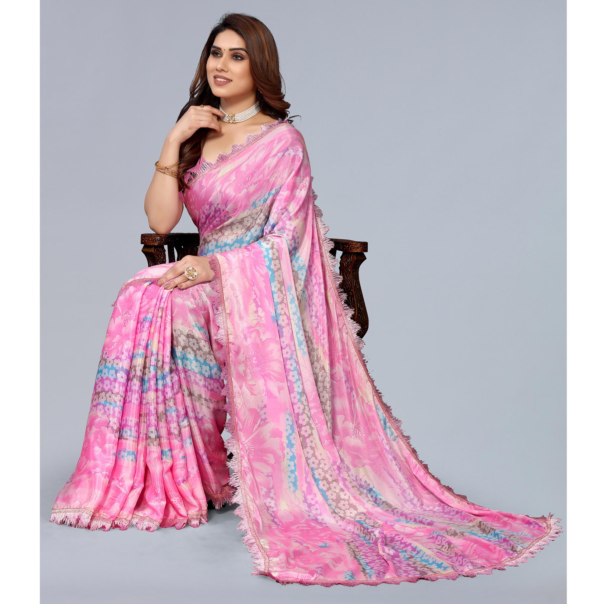 Pink Floral Printed Art Silk Saree With Crochet Border