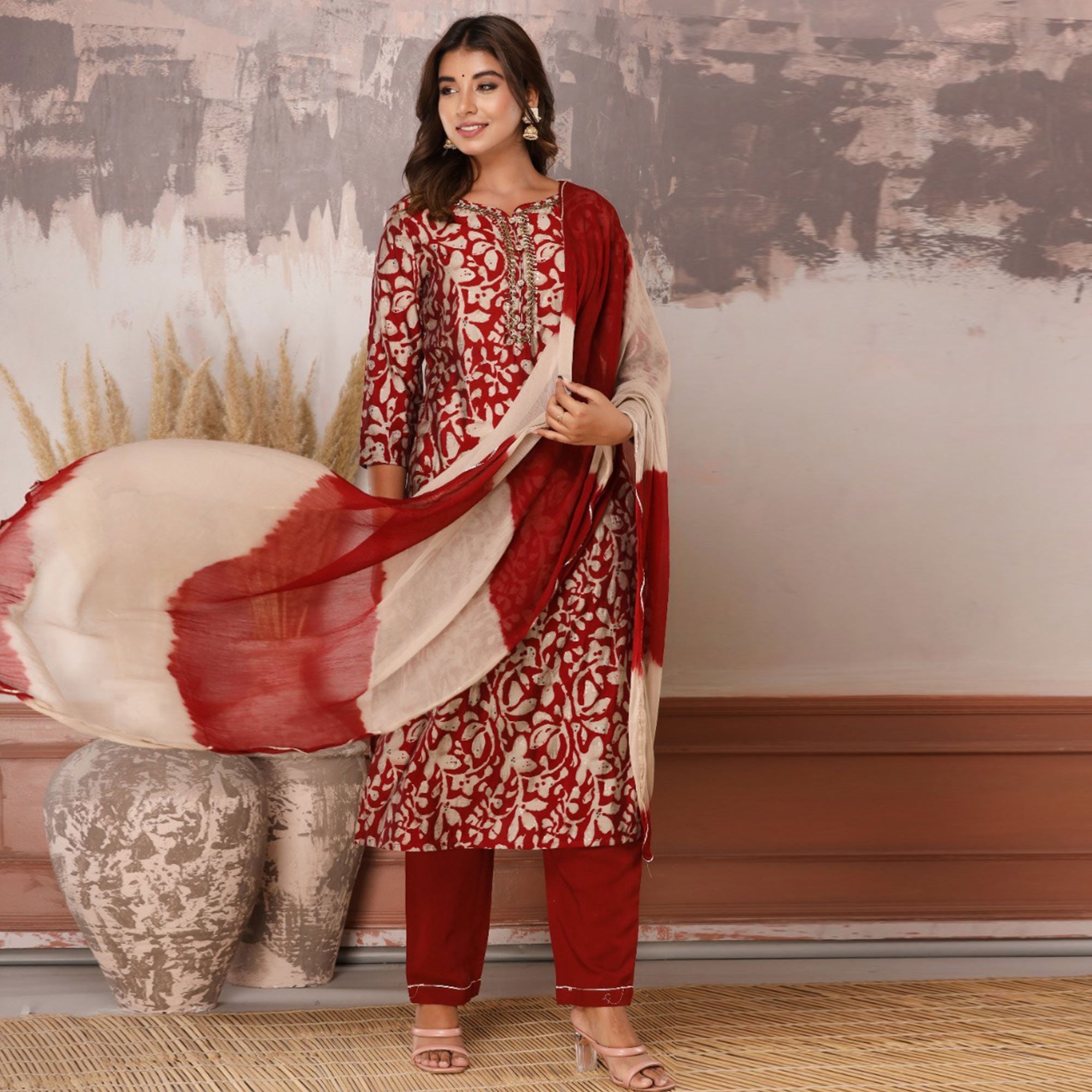 Dark Red Floral Printed Muslin Salwar Suit