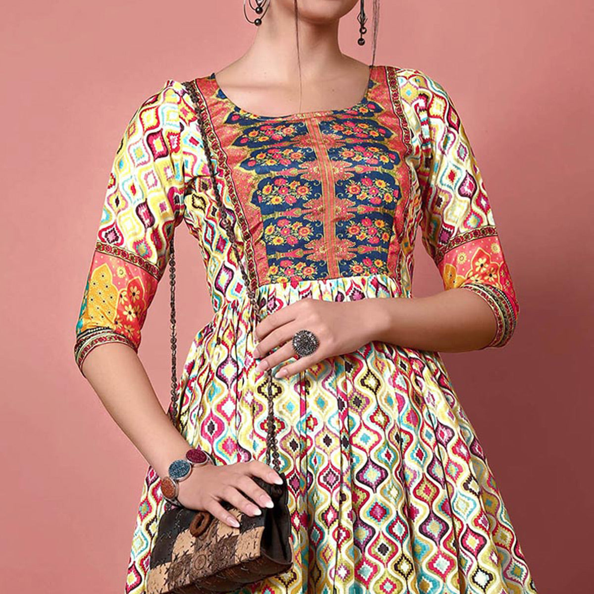 Cream Digital Printed Chiffon Long Kurti