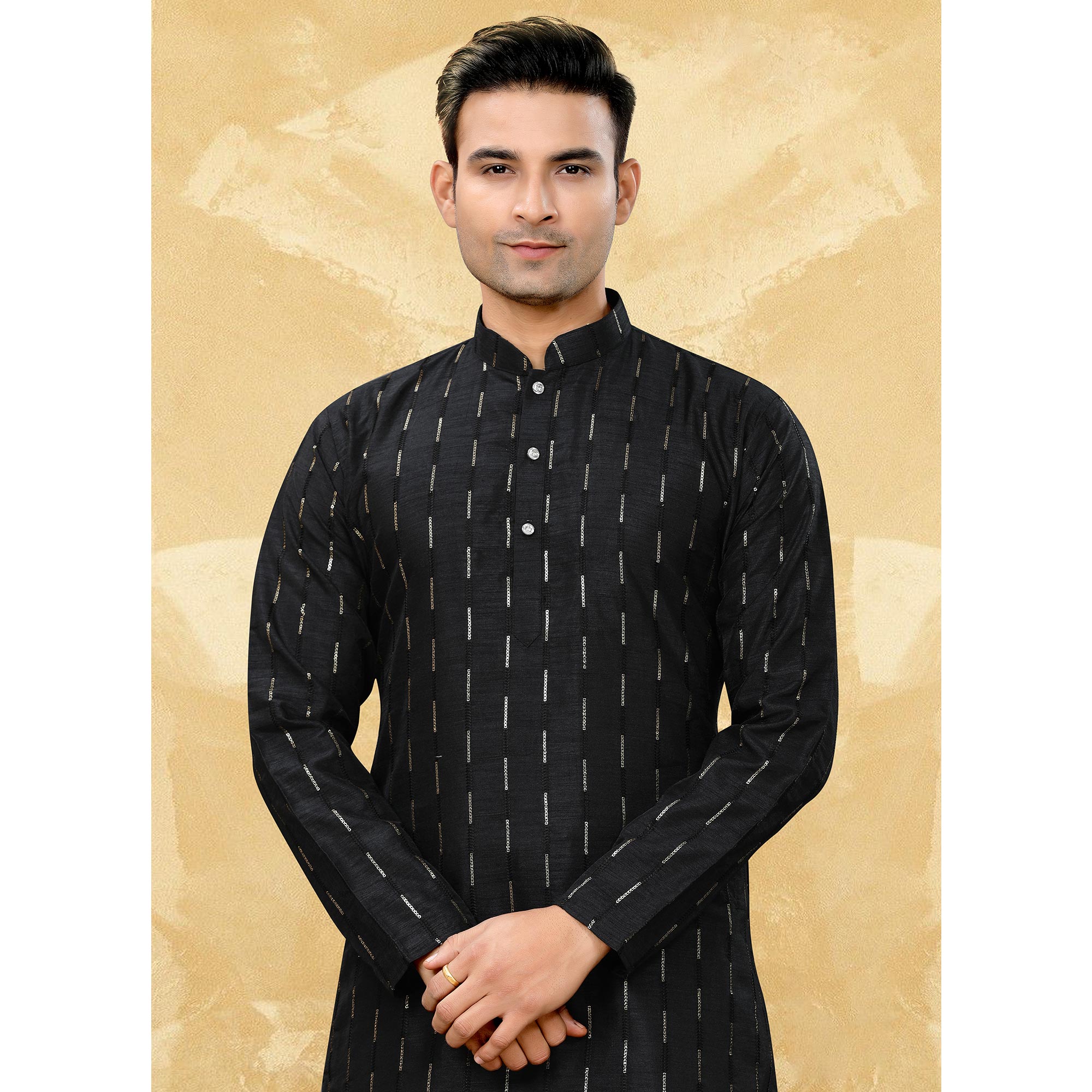 Black Sequins Embroidered Art Silk Kurta Pyjama Set