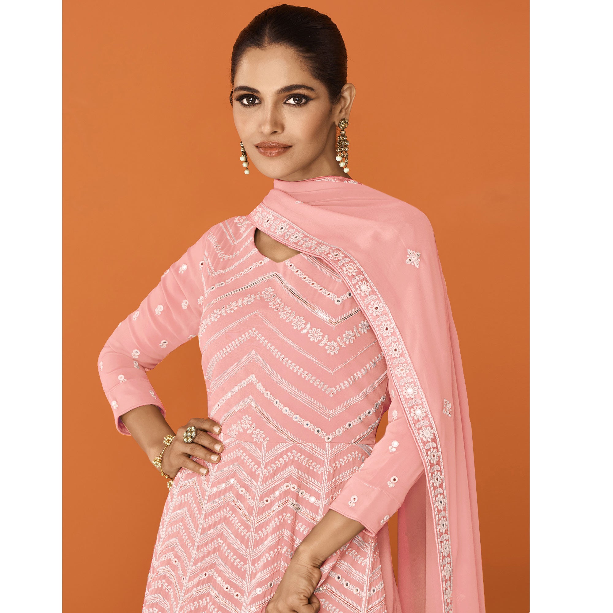 Peach Sequins Embroidered Georgette Semi Stitched Anarkali Suit