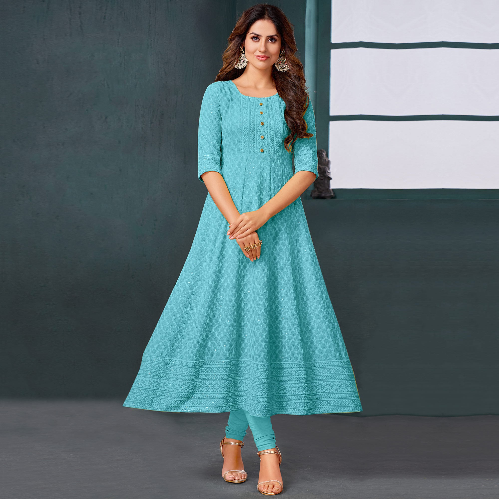 Blue Chikankari Work Aanarkali Style Rayon Kurti