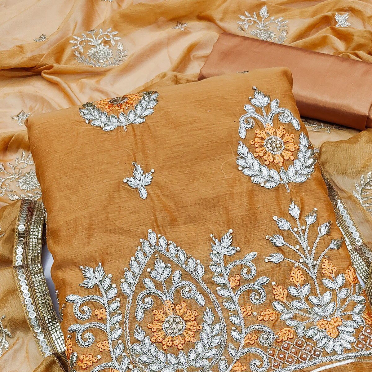 Mustard Floral Embroidered Modal Dress Material