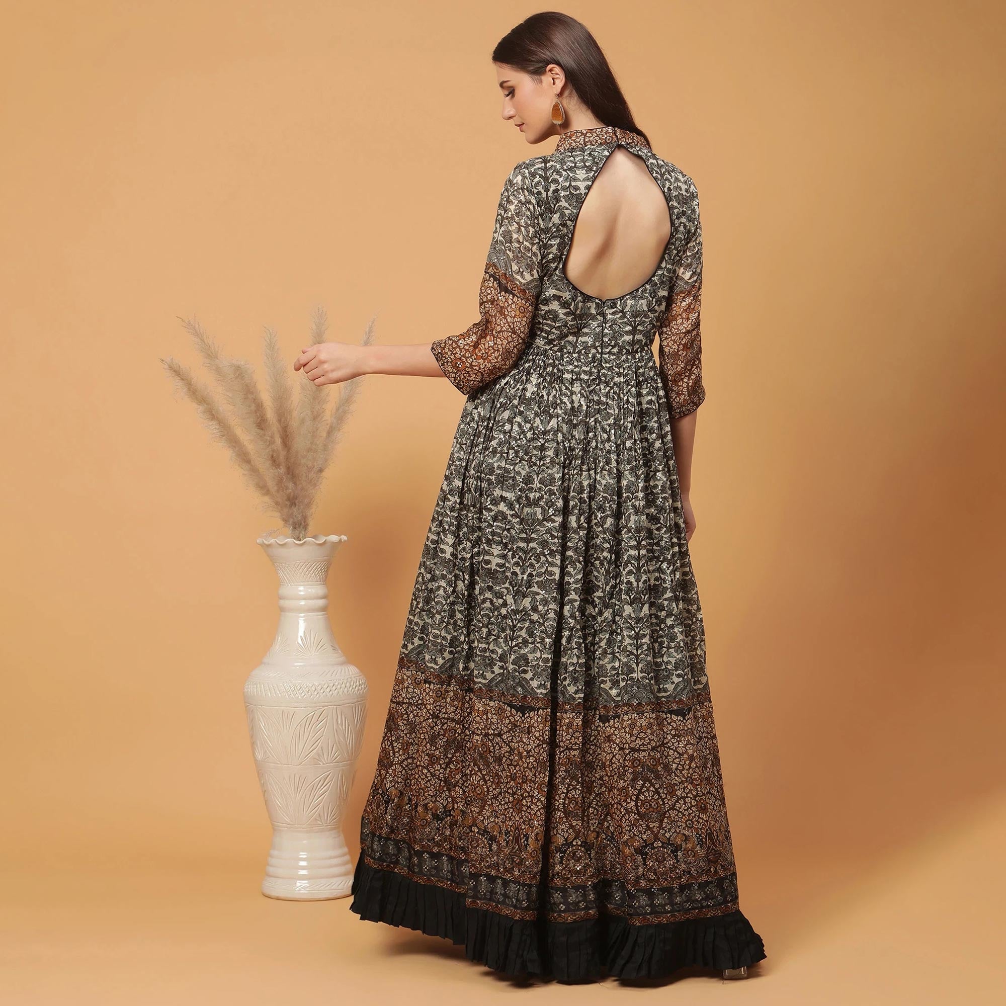 Black Digital Printed Dola Silk Gown