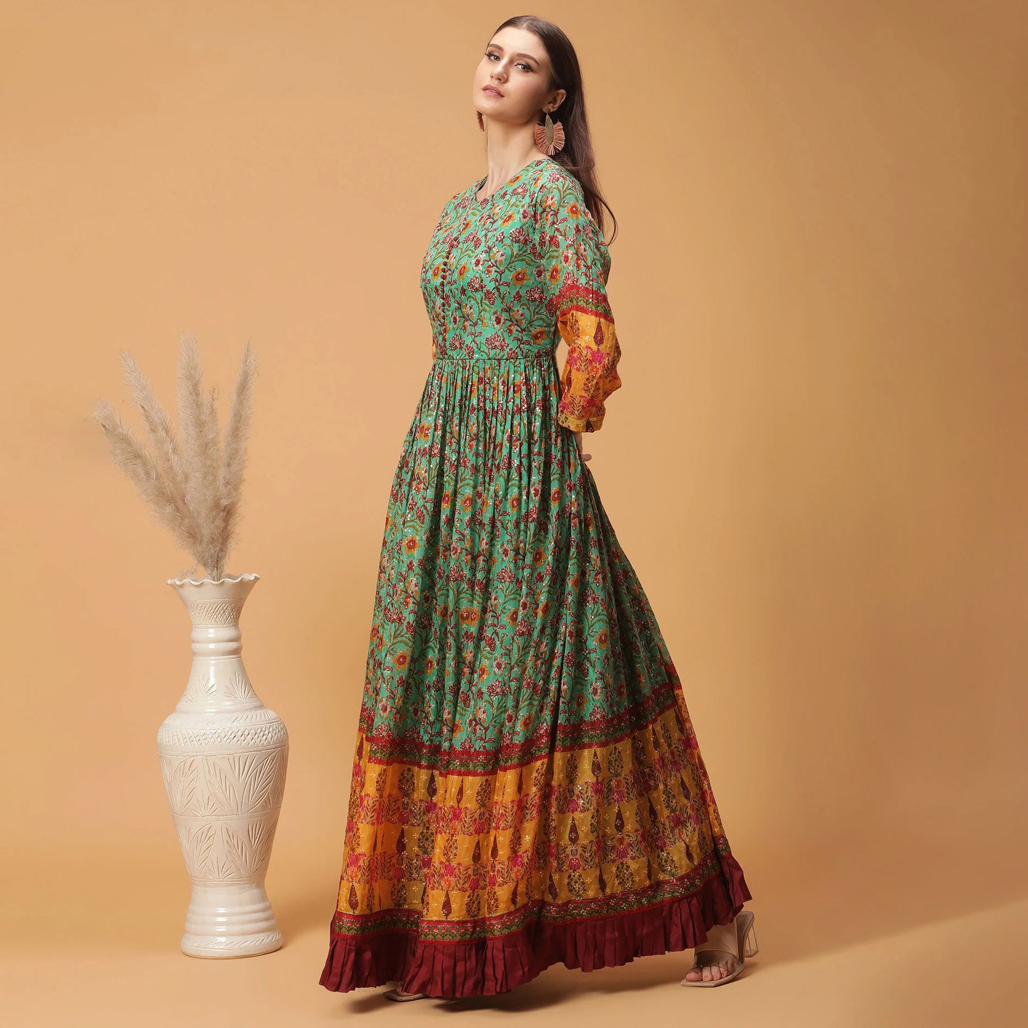 Green Digital Printed Dola Silk Gown