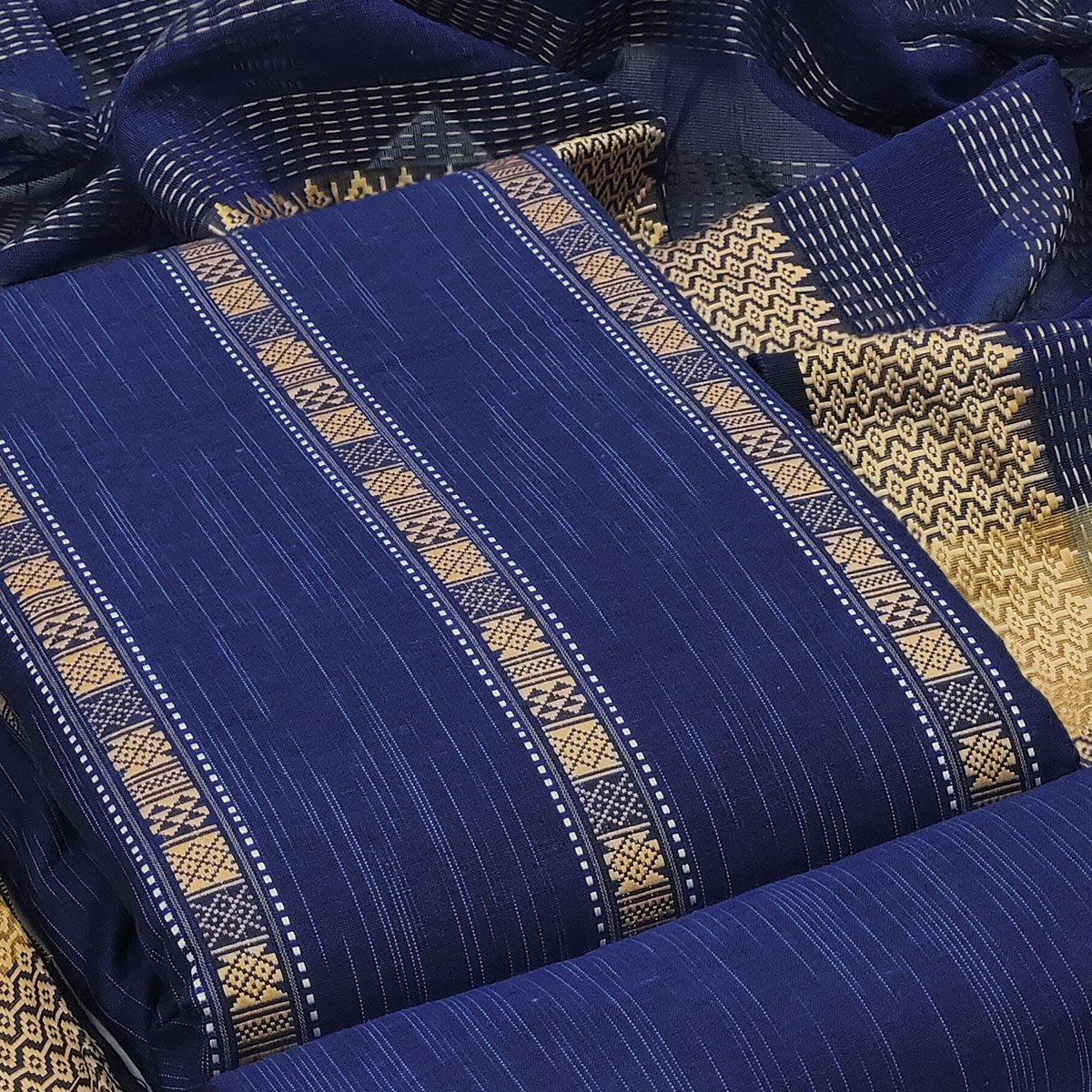 Navy Blue Woven Cotton Blend Dress Material