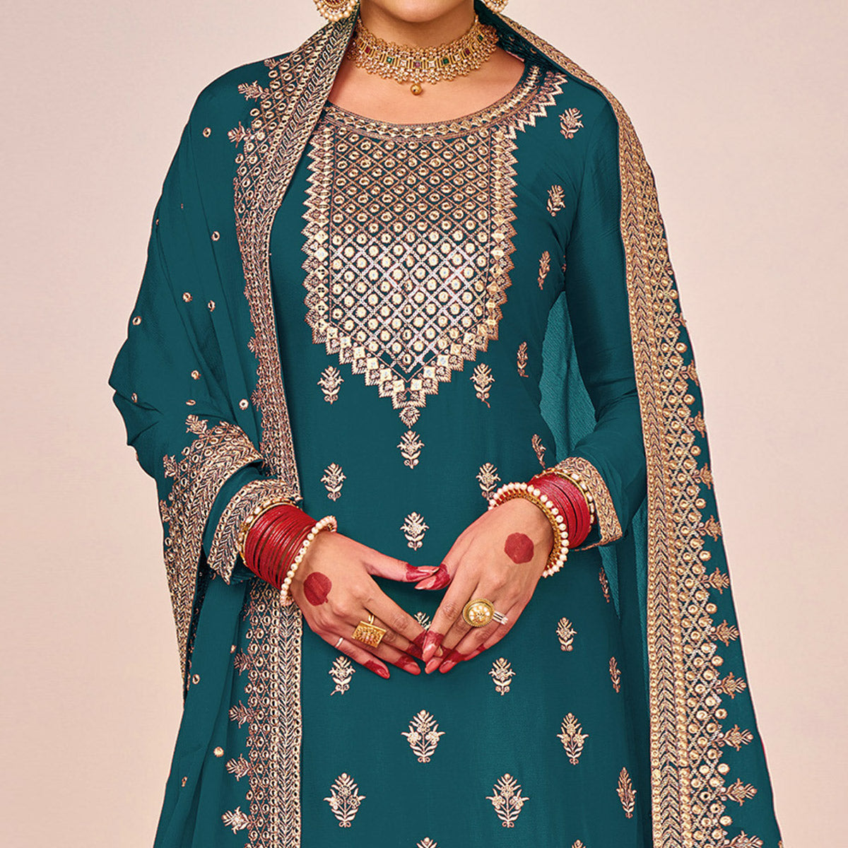 Sea Blue Embroidered Georgette Sharara Suit