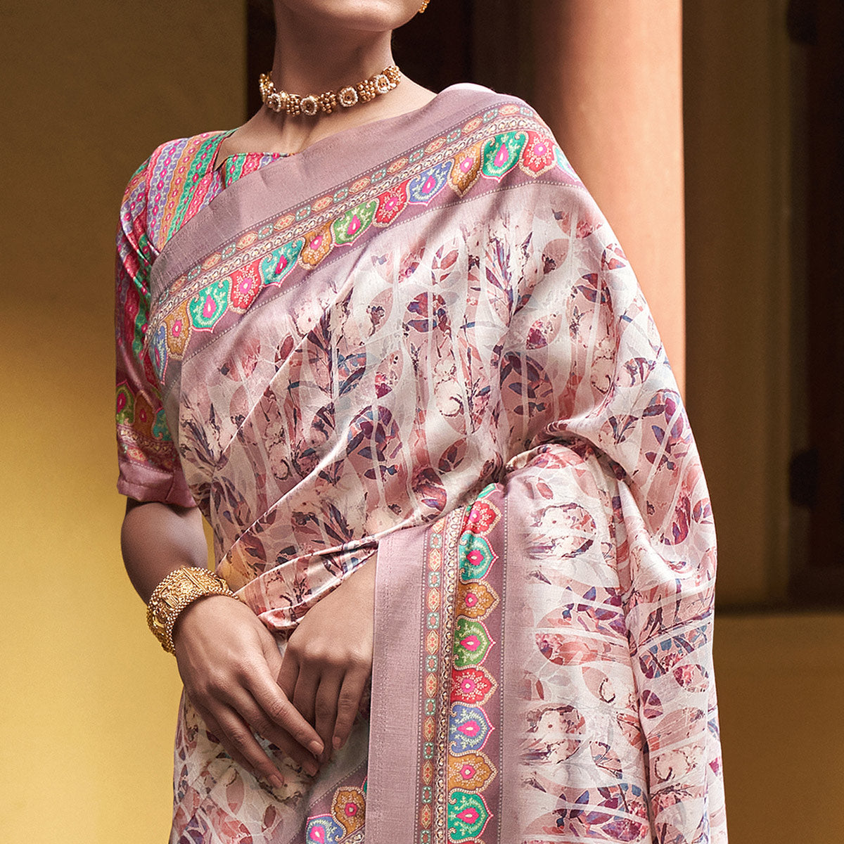 Brown Digital Printed Satin Saree