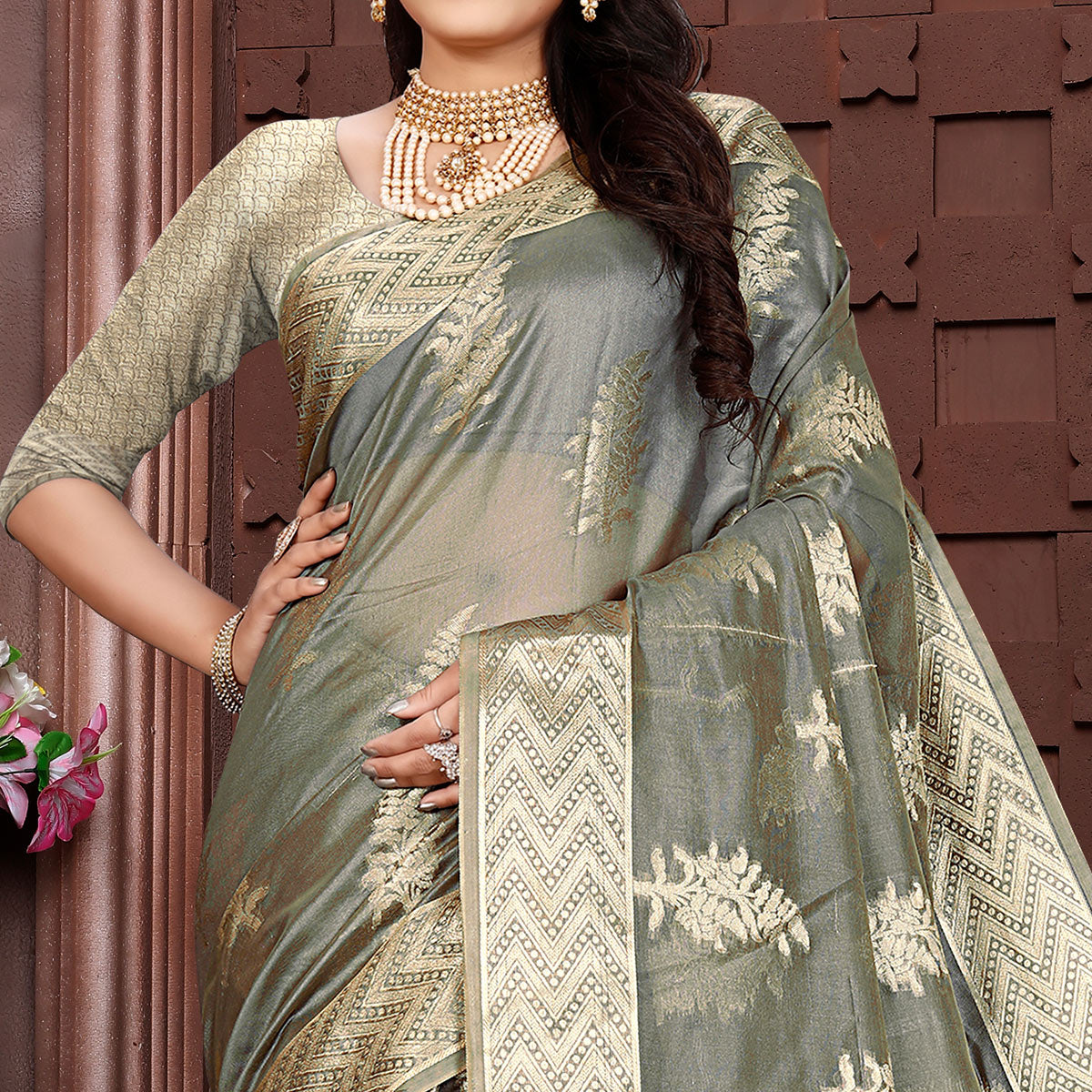 Grey Floral Woven Organza Saree