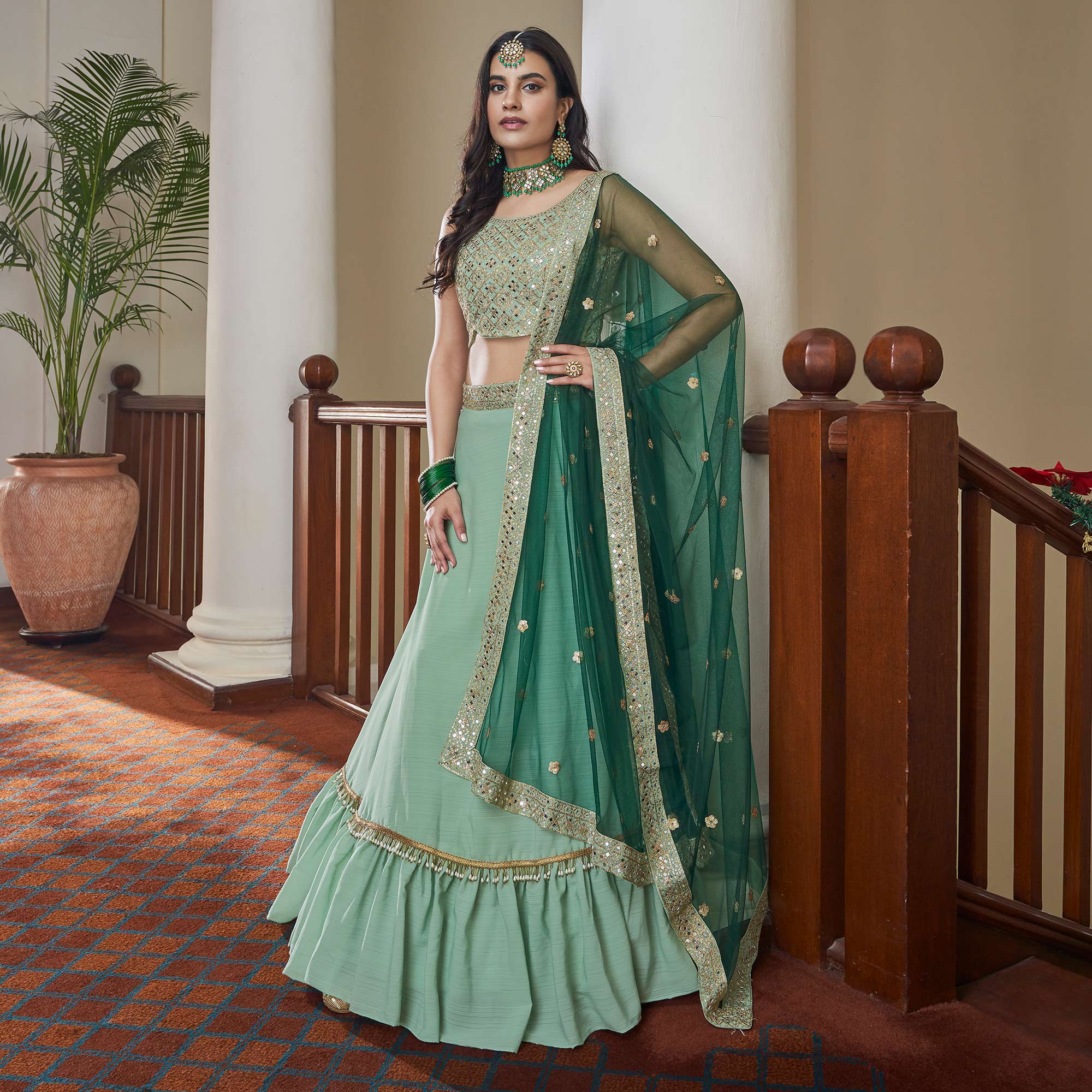 Sea Green Mirror Embroidered Art Silk Lehenga Choli