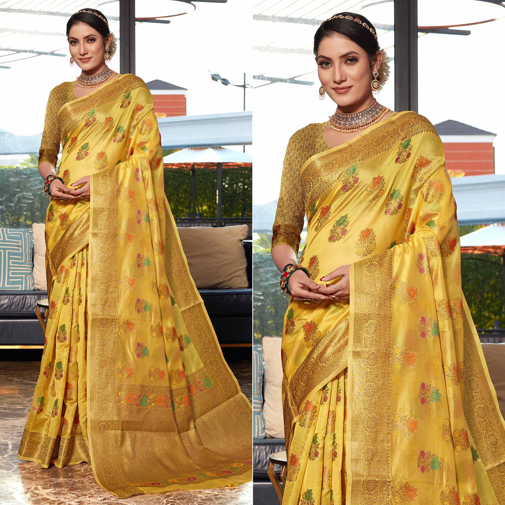 Yellow Floral Woven Organza Saree