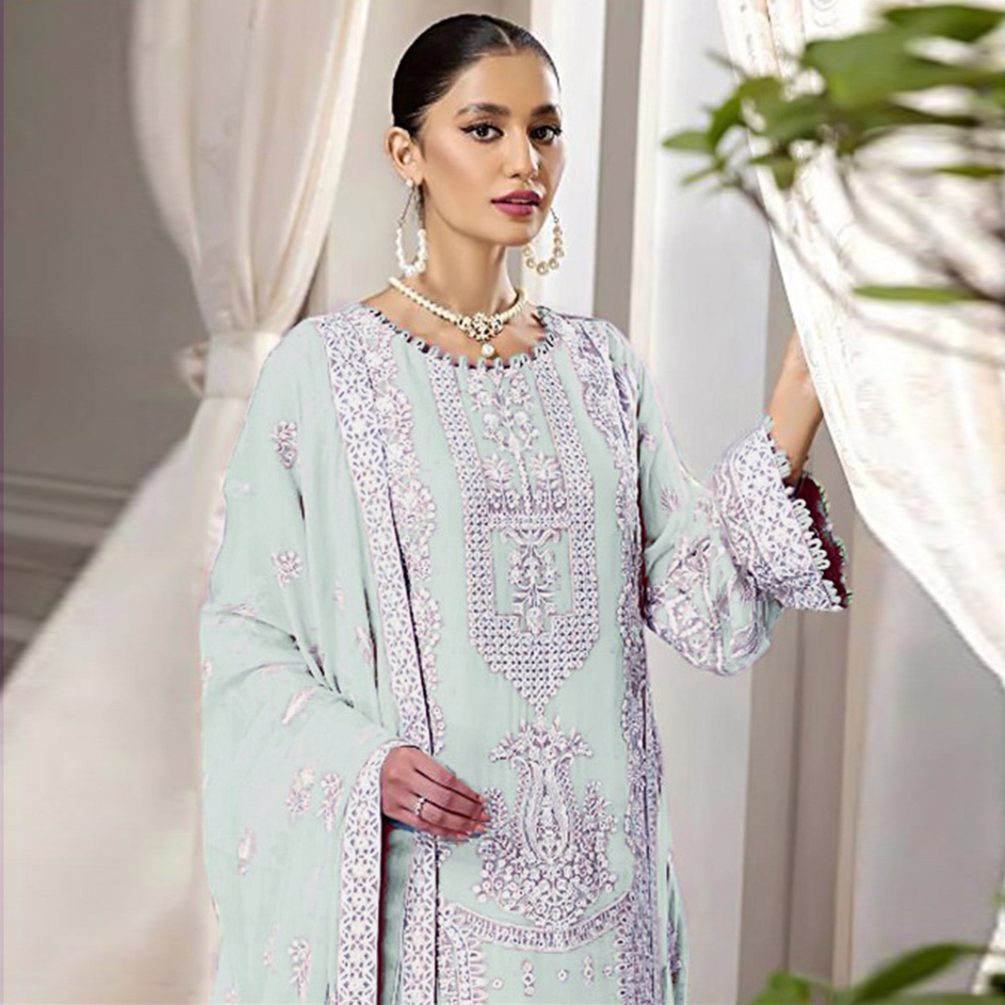 Light Pista Floral Embroidered Georgette Pakistani Suit