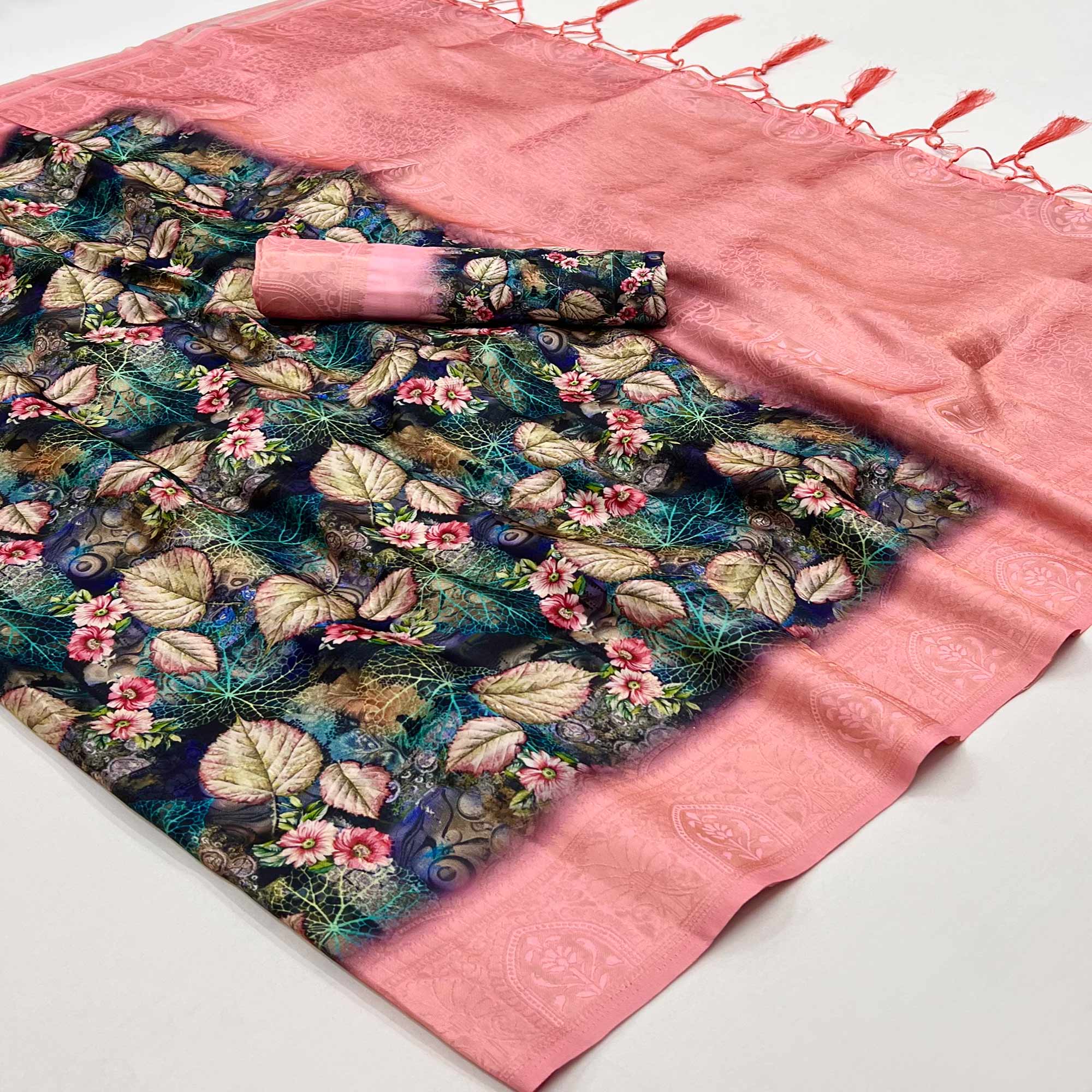 Blue & PInk Floral Digital Printed Jacquard Saree