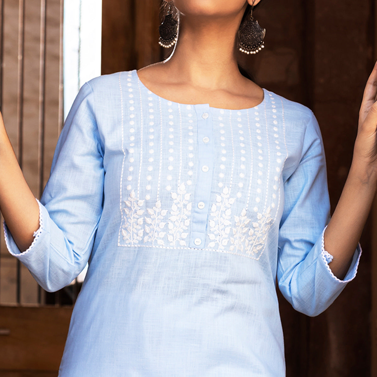 Light Blue Embroidered Pure Cotton Kurti
