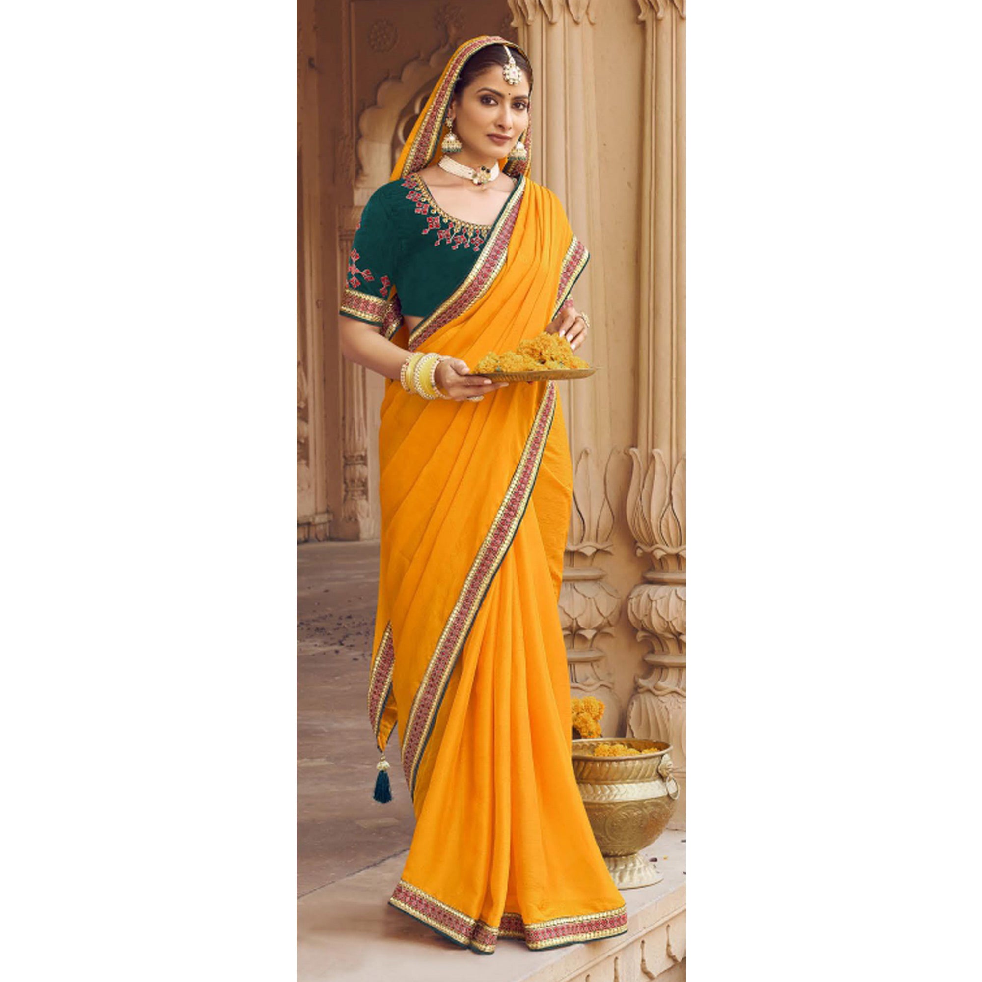 Mustard Embellished With Embroidered Border Satin Saree