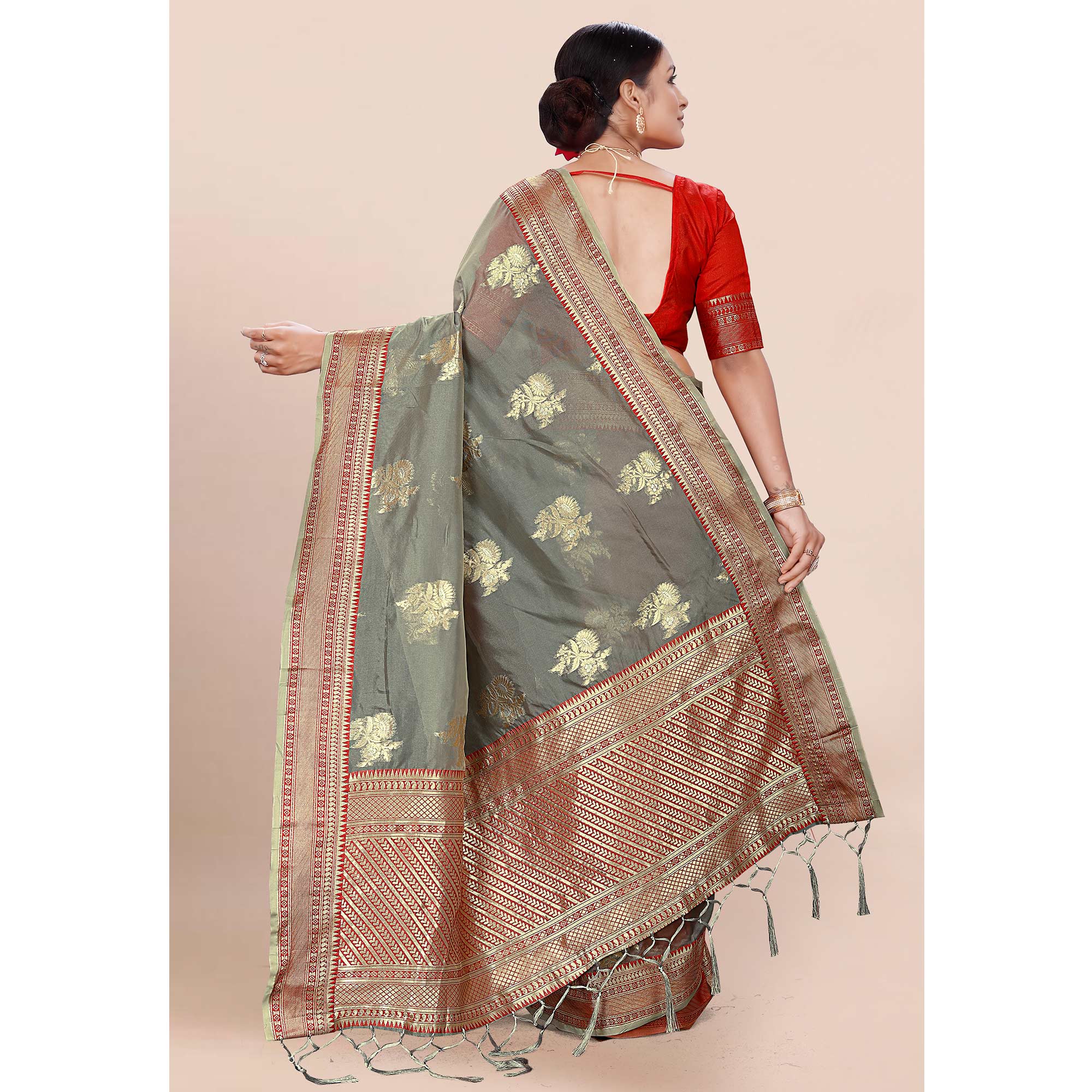 Grey Woven Organza Saree With Tassels