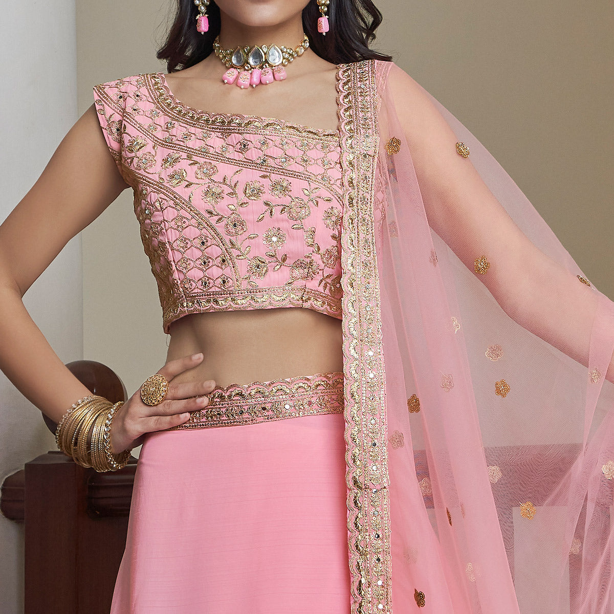 Pink Embroidered Art Silk Lehenga Choli