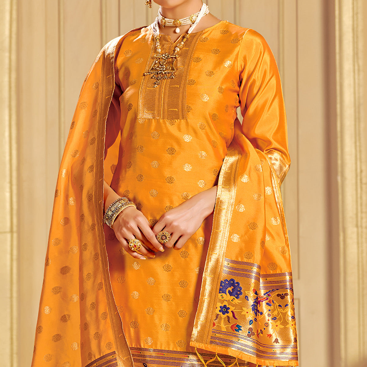 Yellow Floral Woven Tapetta Silk Salwar Suit