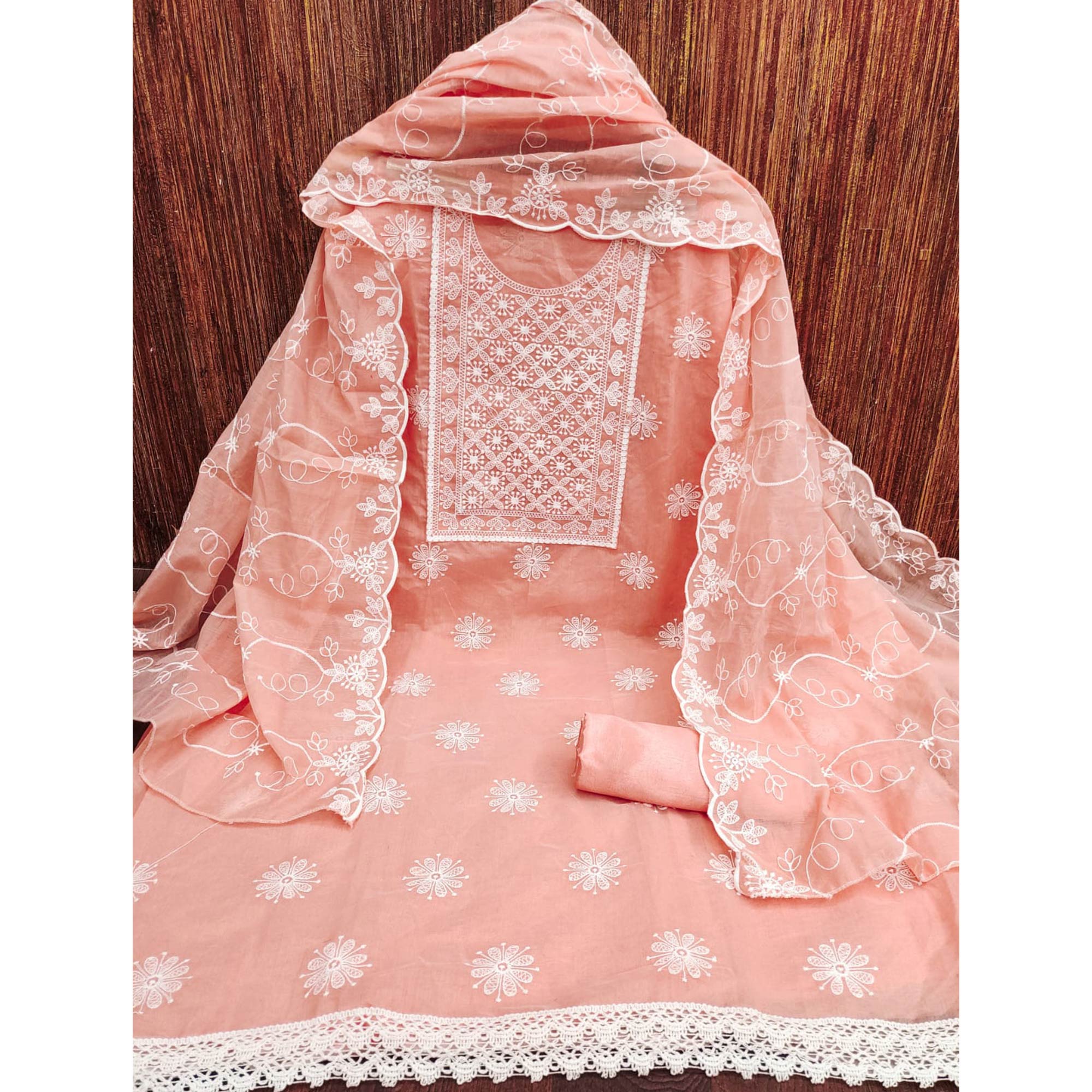 Peach Floral Embroidered Chanderi Dress Material