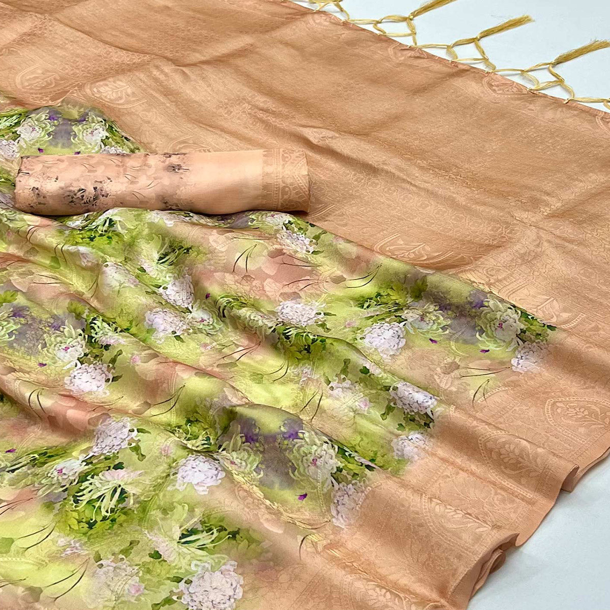 Peach Floral Digital Printed Jacquard Saree