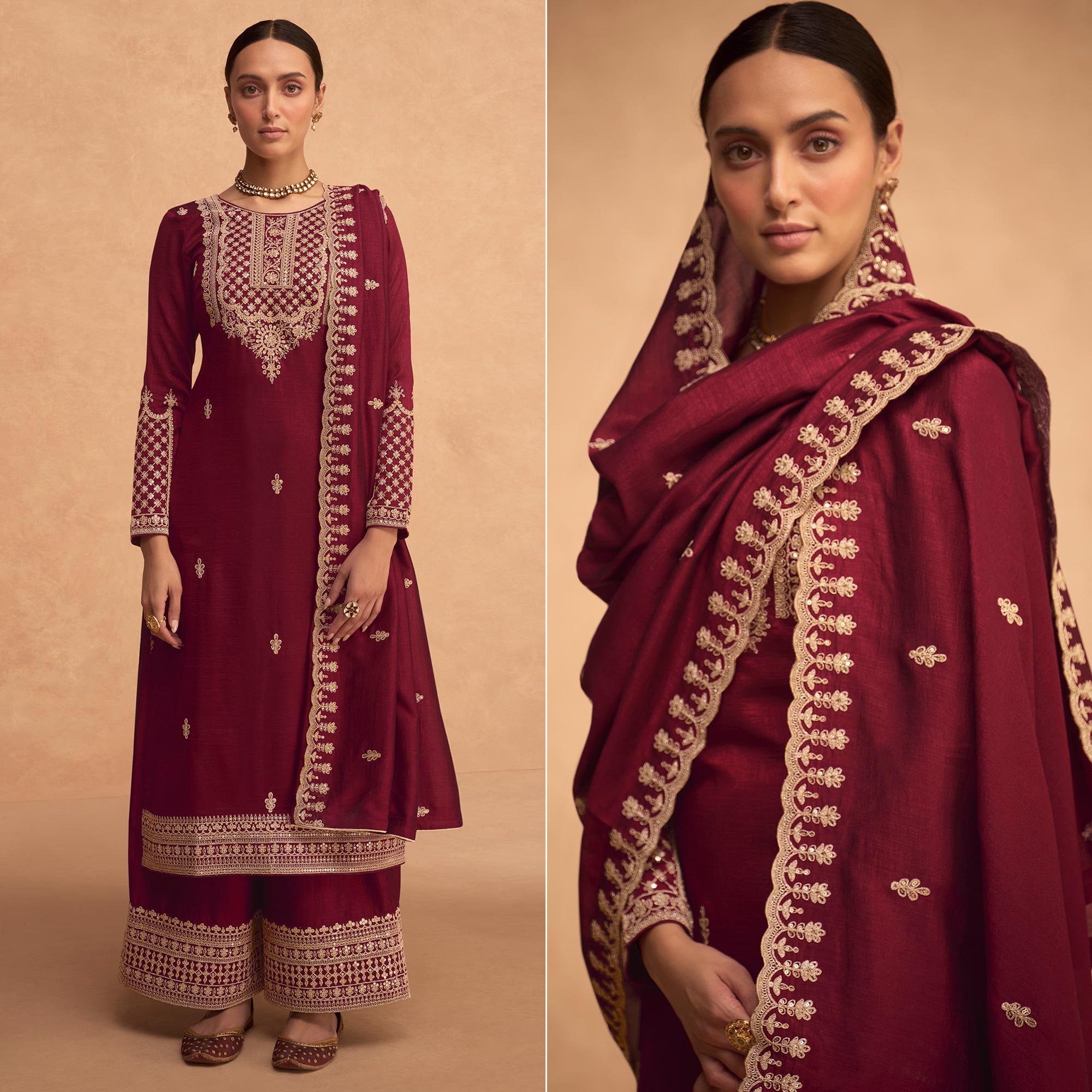 Red Sequins Embroidered Georgette Palazzo Suit