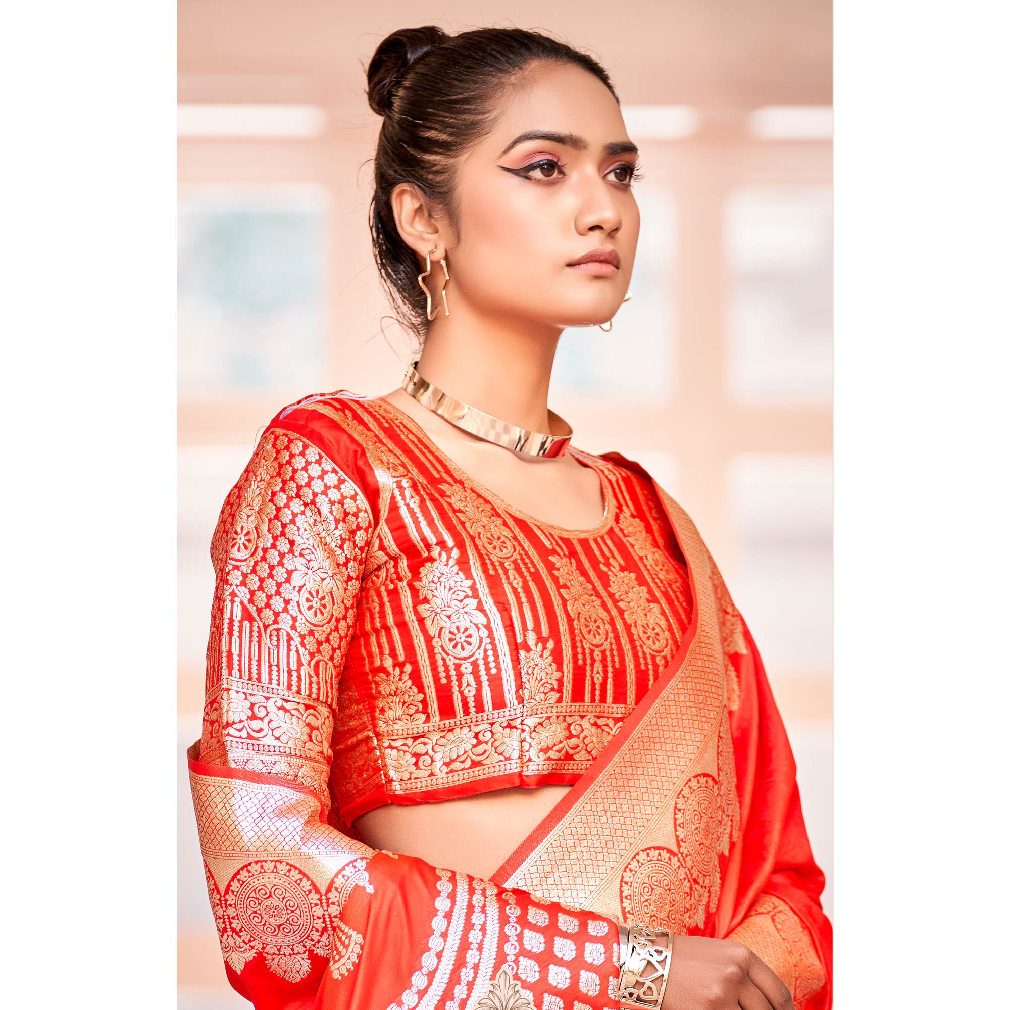 Red Woven Satin Saree