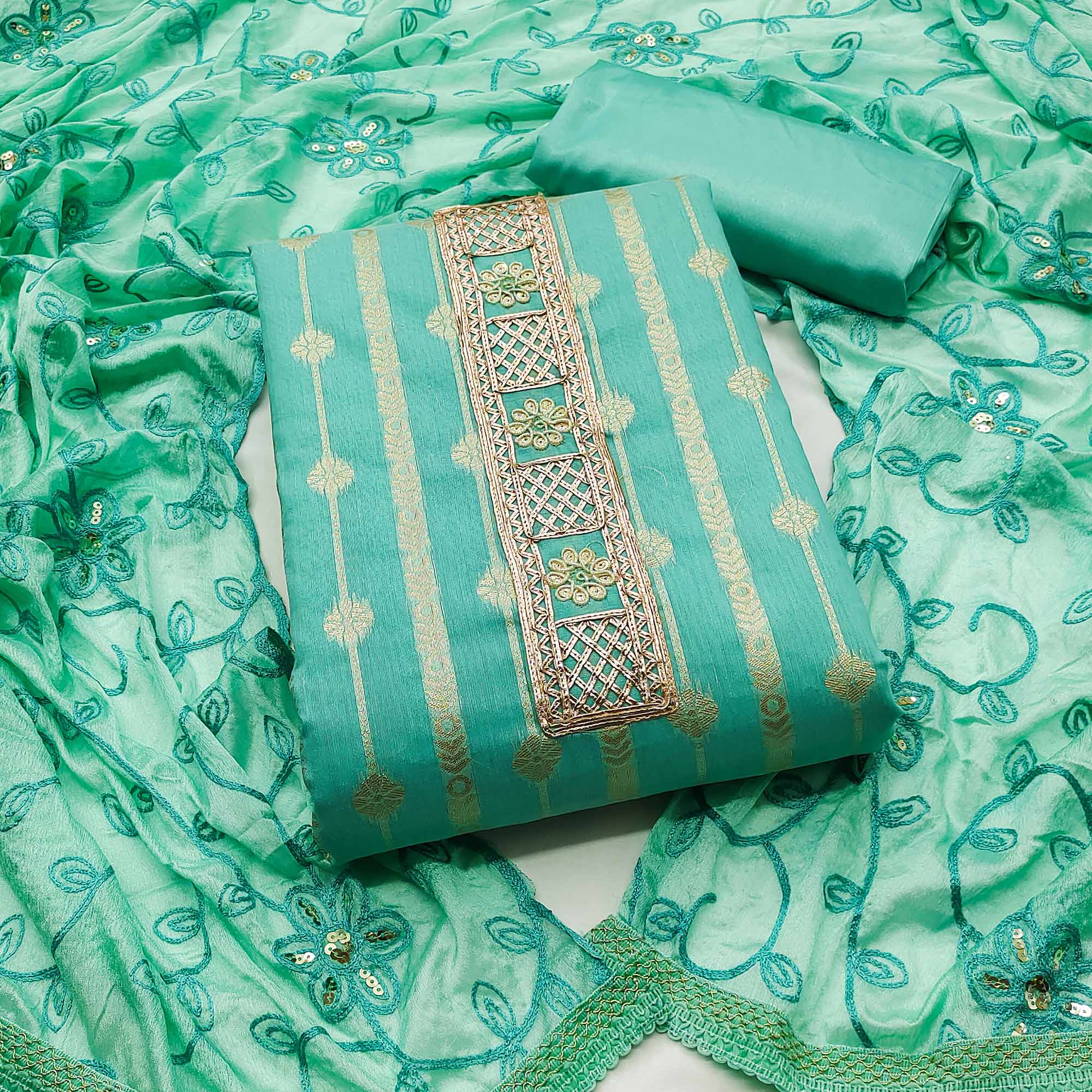 Sea Green Woven Banarasi Silk Dress Material