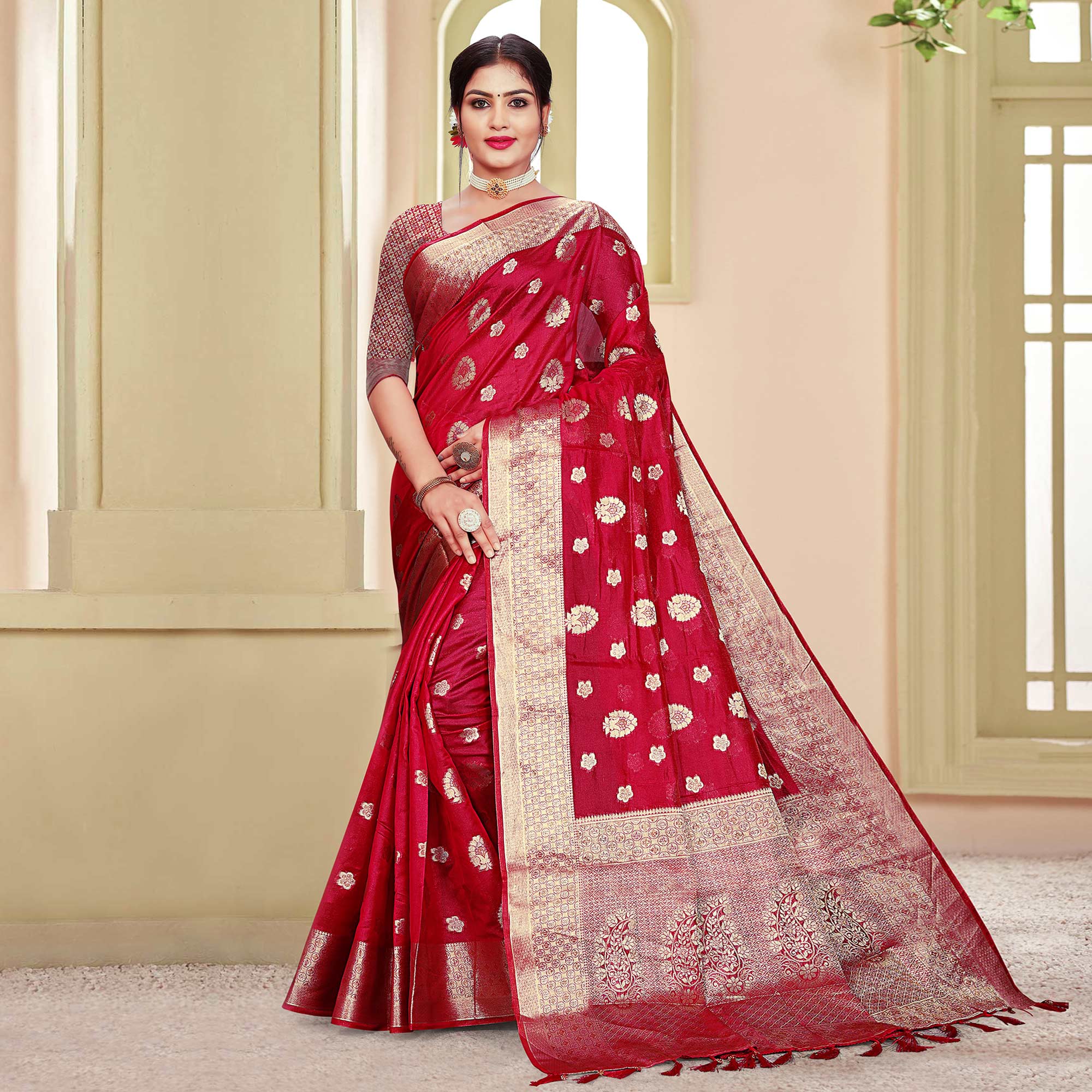 Red Floral Woven Organza Saree